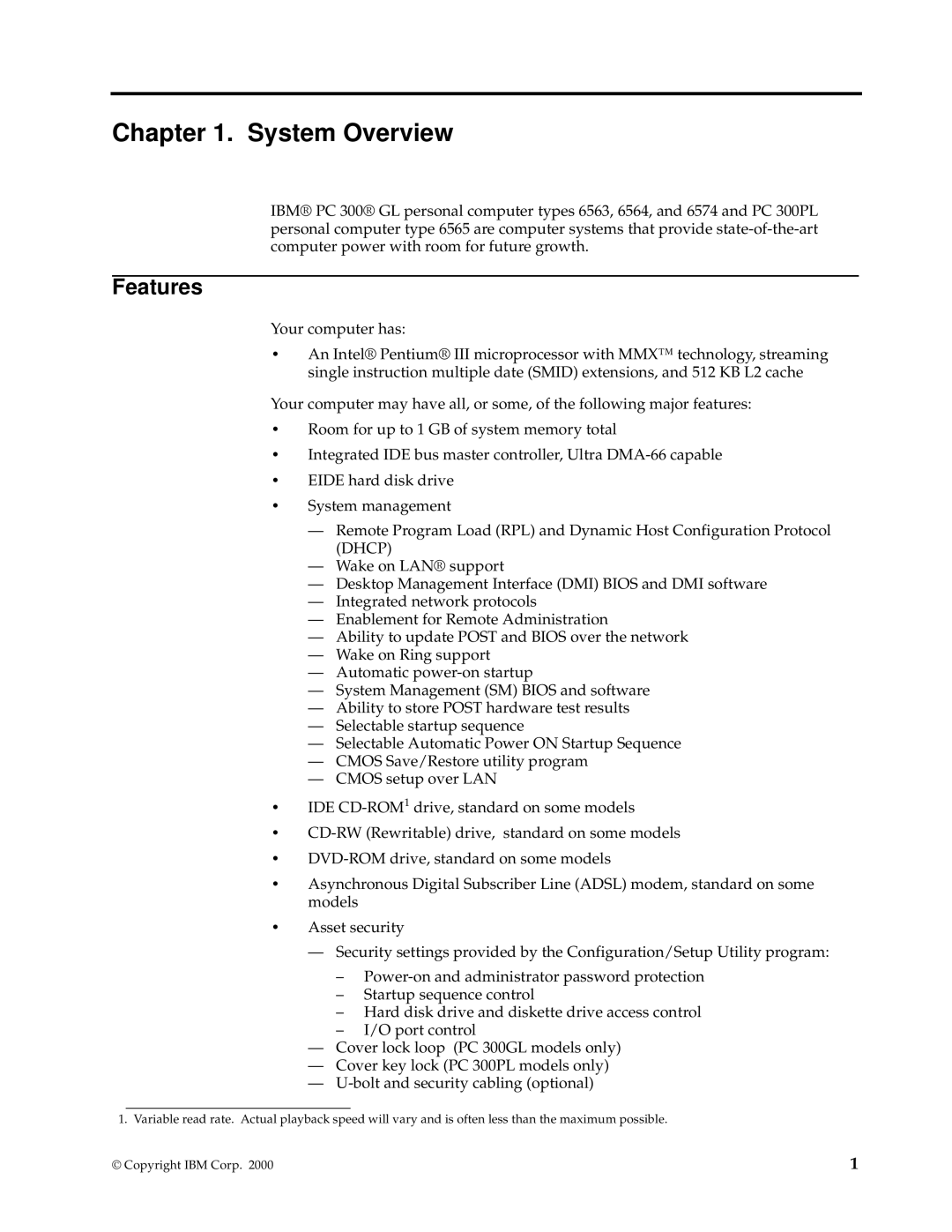 IBM PC 300GL manual System Overview, Features 