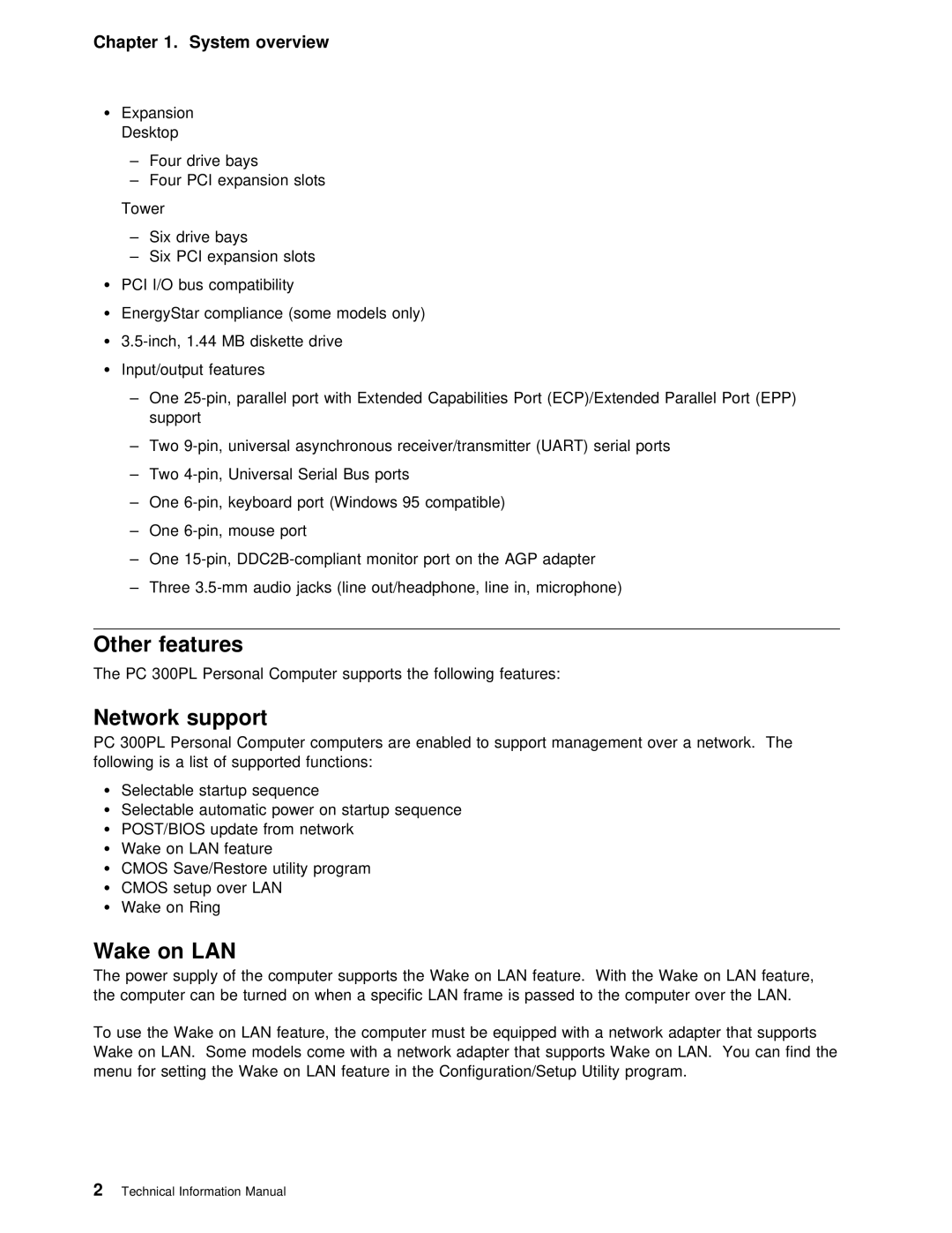 IBM PC 300PL manual Other features, Network support, Pci, Post/Bios, Lan 