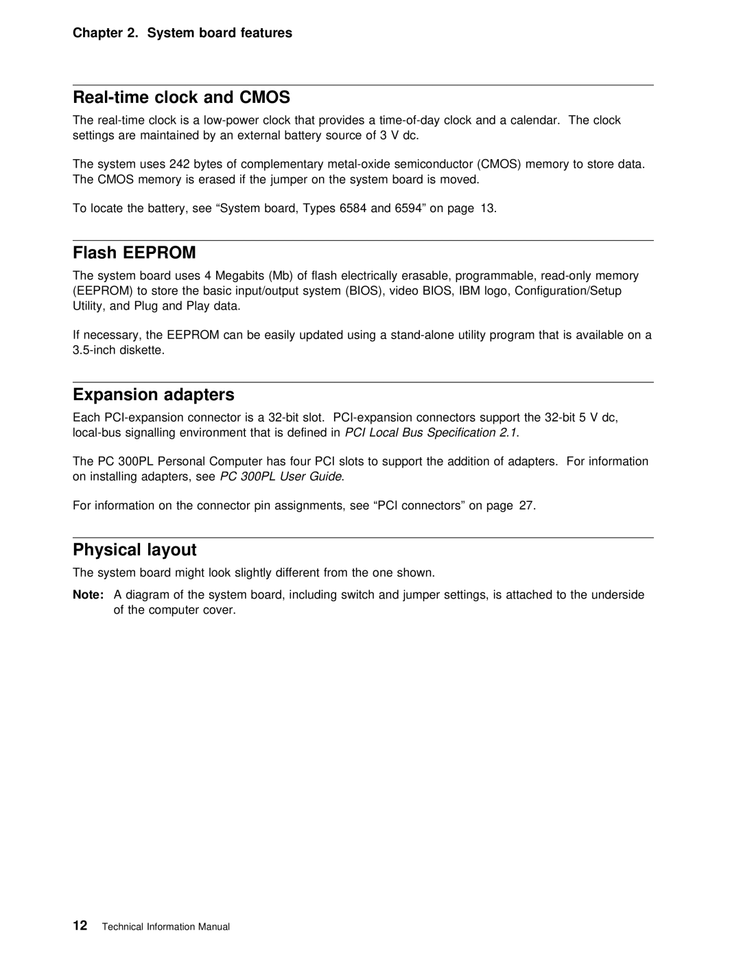 IBM PC 300PL manual Flash Eeprom, Expansion adapters, Physical layout, System board features Real-time 