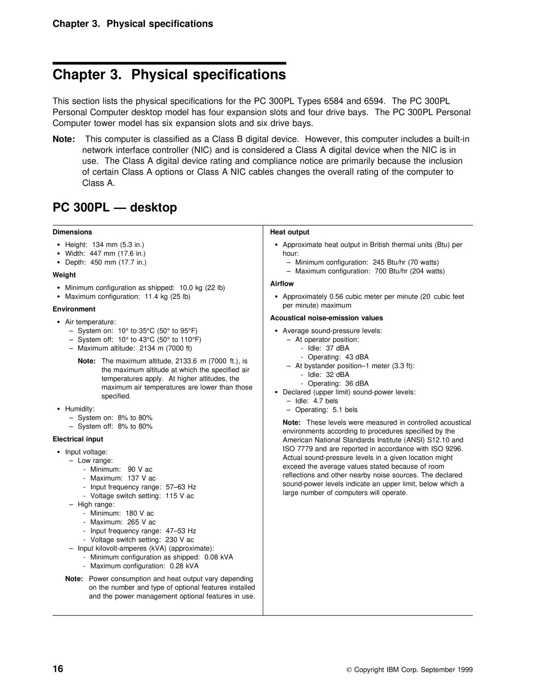 IBM PC 300PL manual Physical specifications, This Section Lists Physical Specifications For, Types 6584 and 6594, Nic 