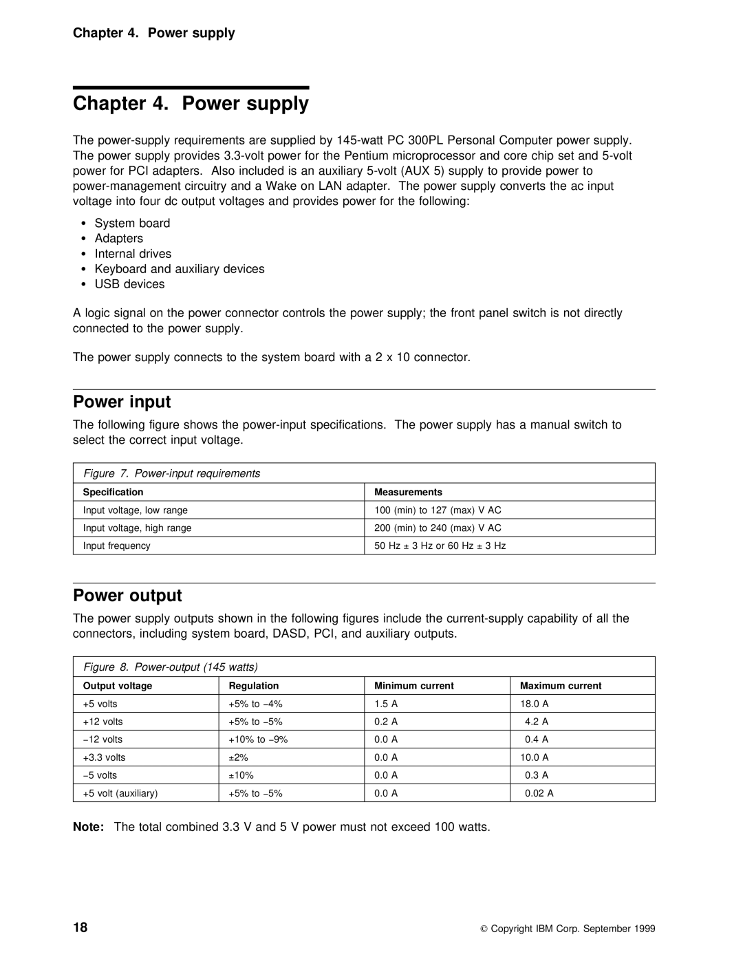 IBM PC 300PL manual Power supply, Power input, Power output, Aux 