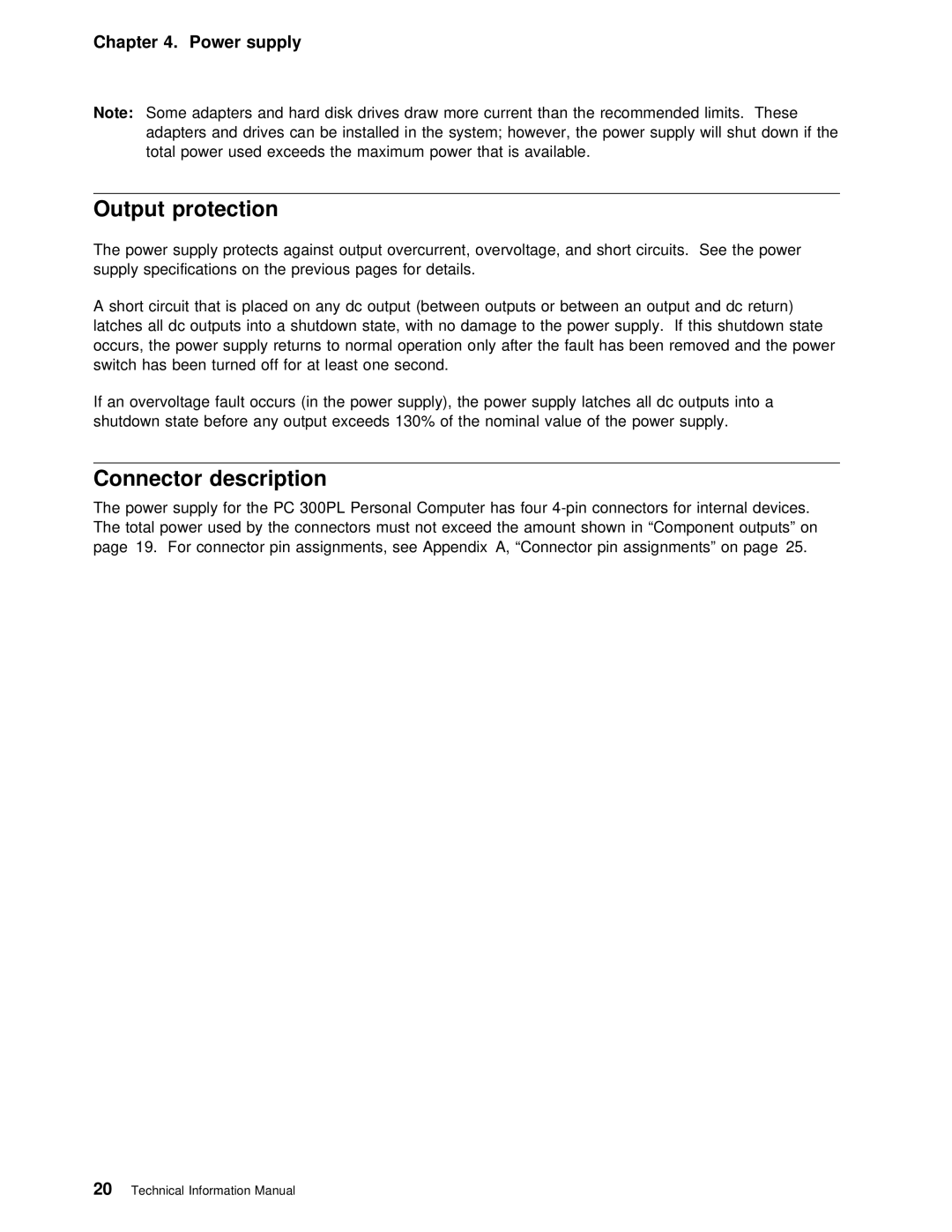 IBM PC 300PL manual Output protection, Connector description 