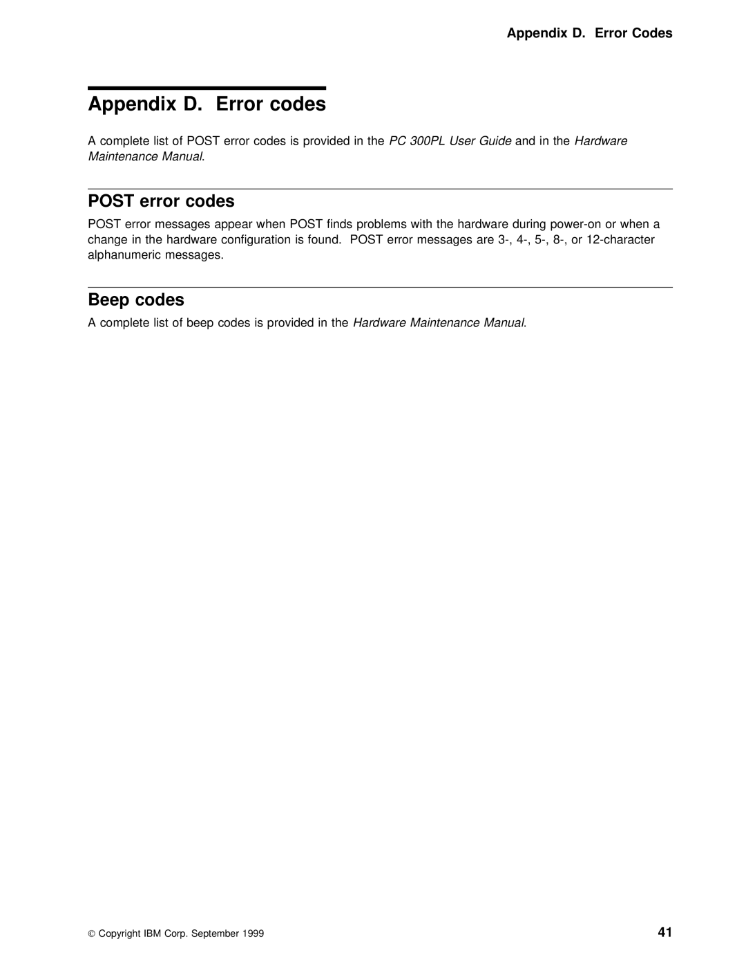 IBM PC 300PL manual Appendix D. Error codes, Beep codes, Appendix D. Error Codes 