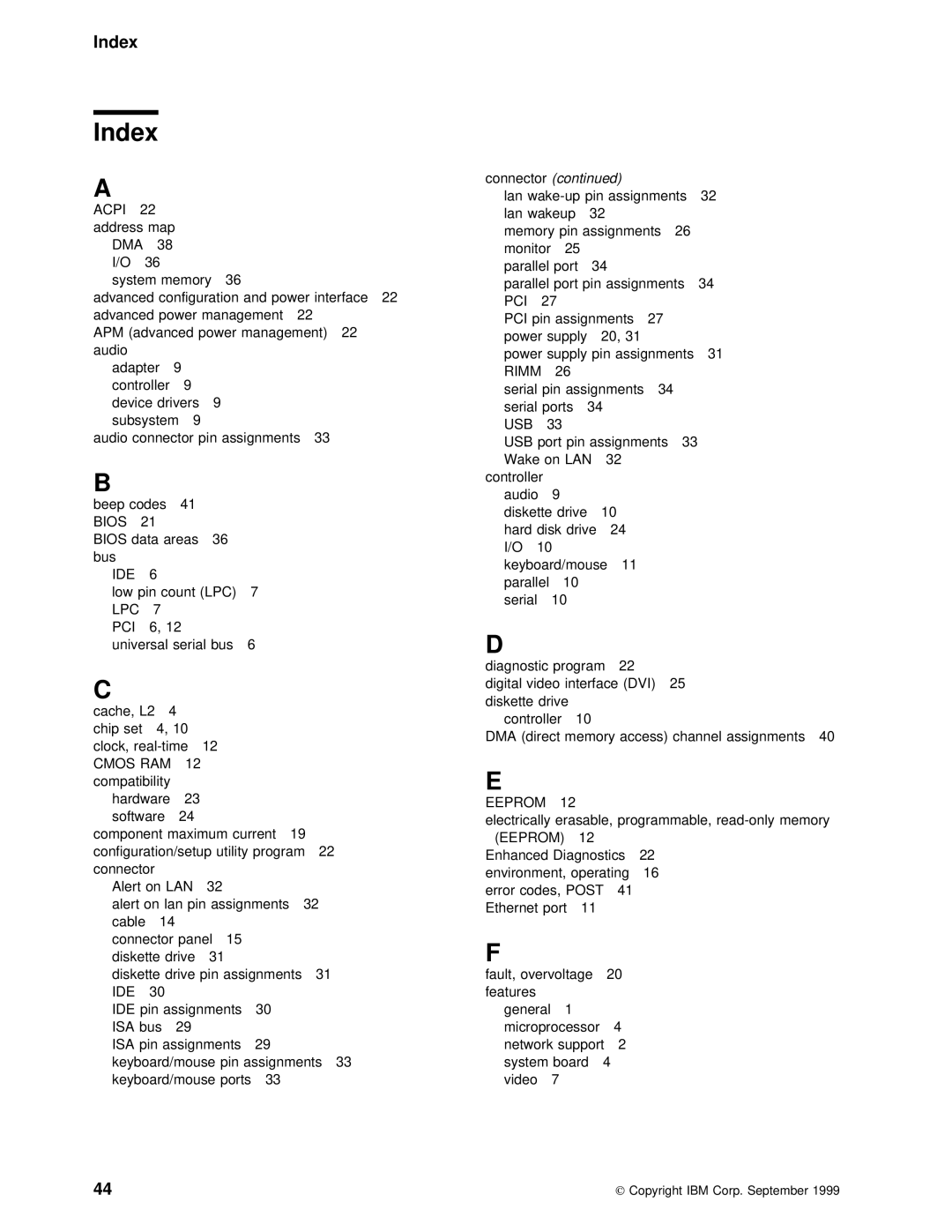 IBM PC 300PL manual Index, Connector 