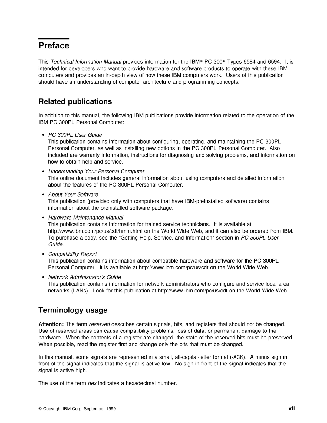 IBM PC 300PL manual Preface, Related publications, Terminology usage, Vii, Ibm 