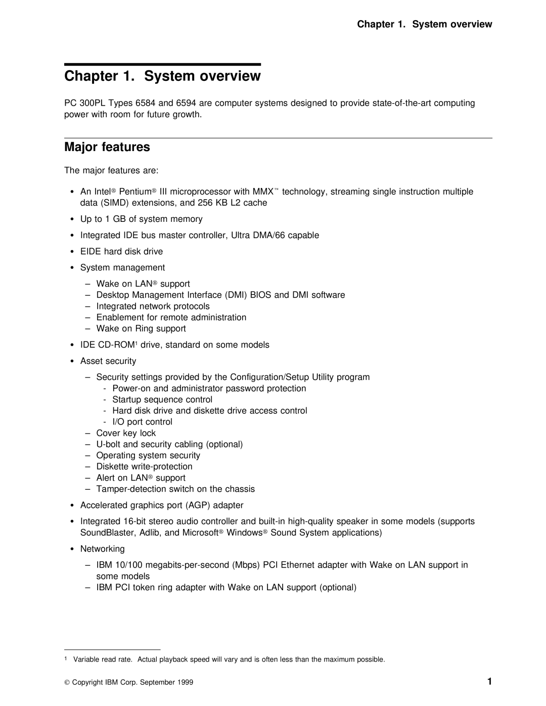 IBM PC 300PL manual System overview, Major features 