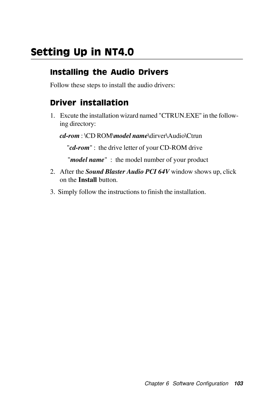 IBM PCM-5896 manual Setting Up in NT4.0, Installing the Audio Drivers 