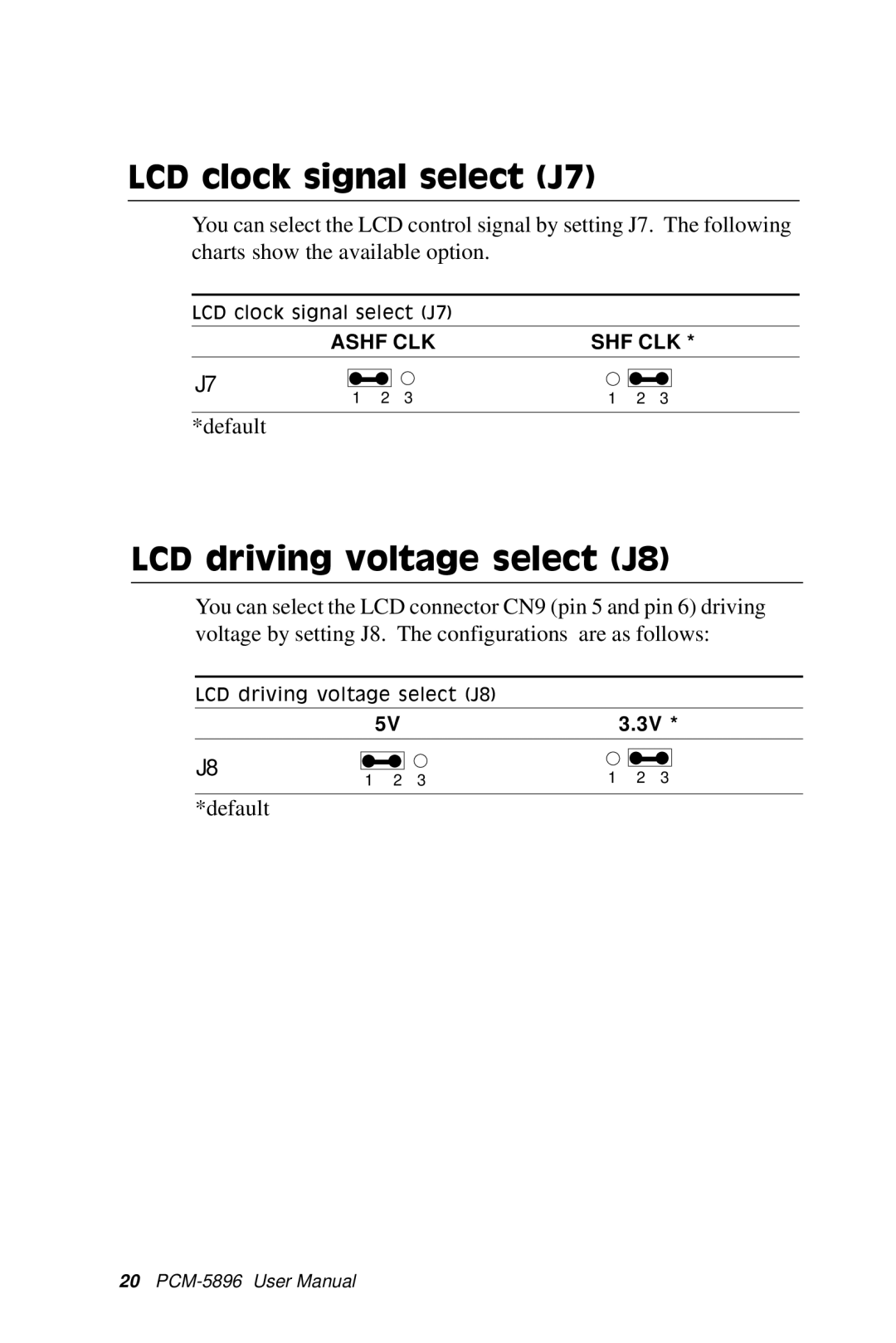 IBM PCM-5896 manual LCD clock signal select J7, LCD driving voltage select J8 