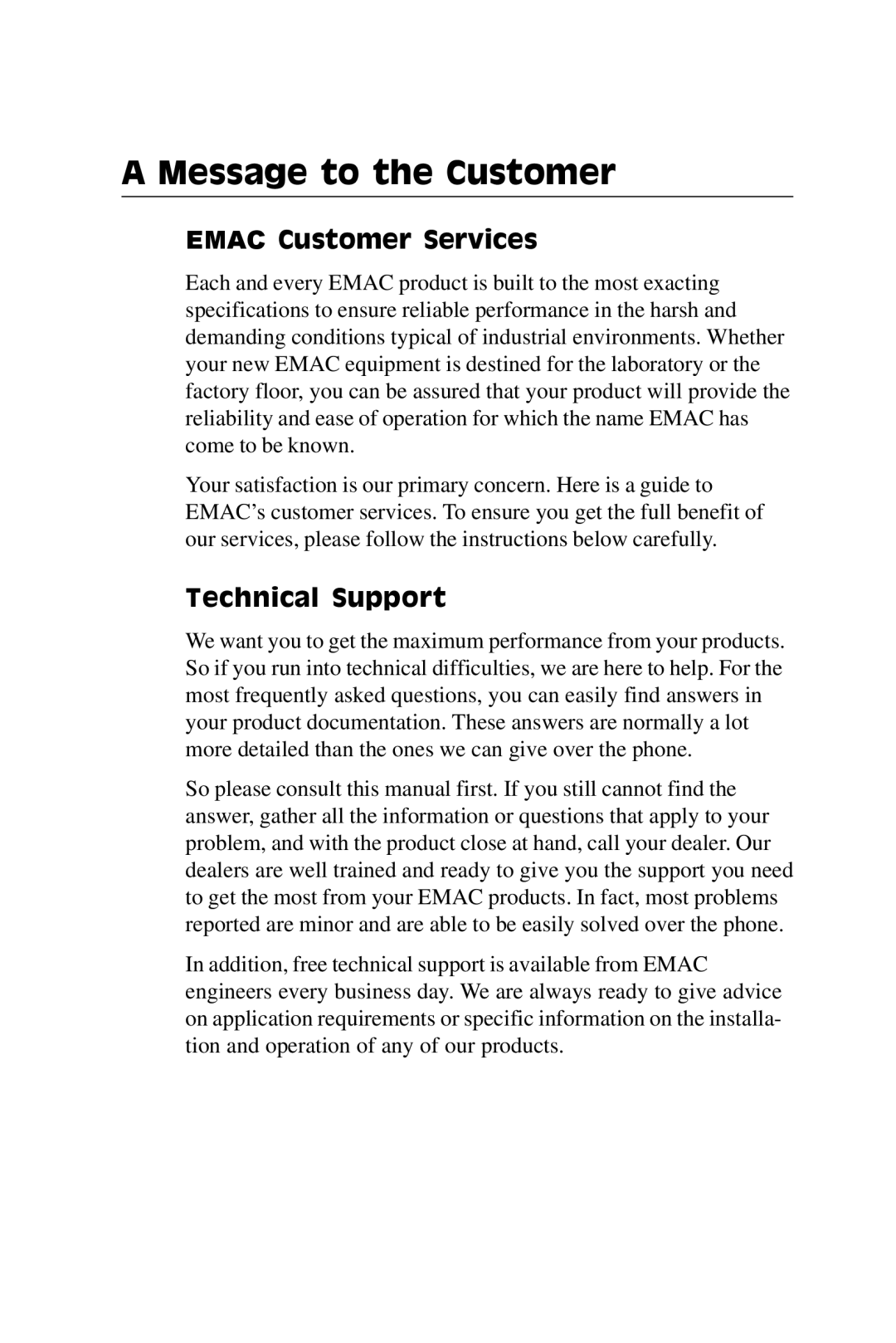 IBM PCM-5896 manual Message to the Customer, Emac Customer Services, Technical Support 