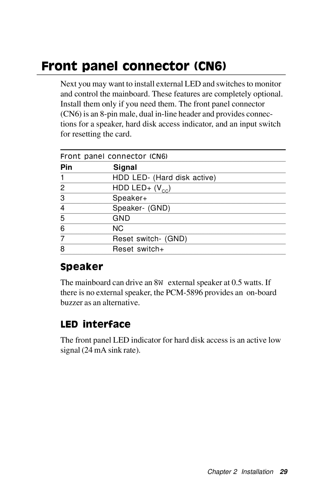 IBM PCM-5896 manual Front panel connector CN6, Speaker, LED interface 