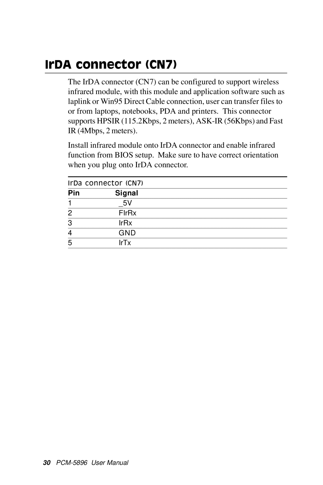 IBM PCM-5896 manual IrDA connector CN7 
