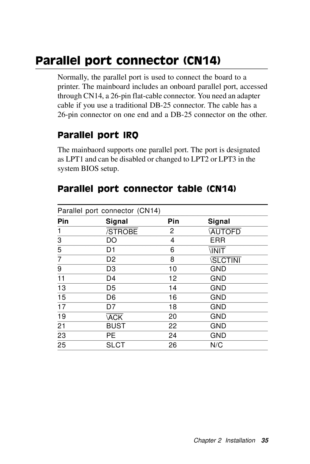 IBM PCM-5896 manual Parallel port connector CN14, Parallel port IRQ, Parallel port connector table CN14 