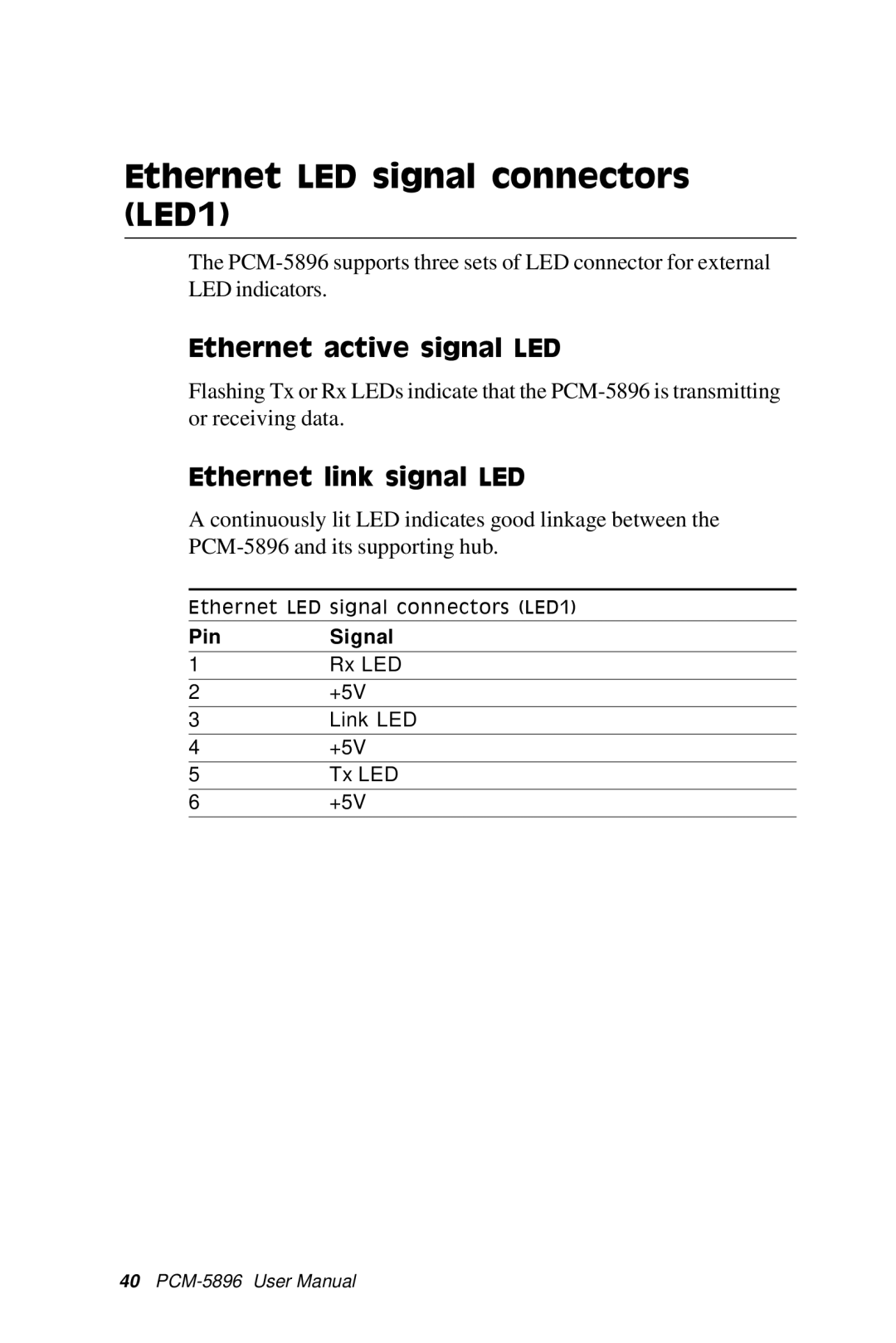 IBM PCM-5896 manual Ethernet LED signal connectors LED1, Ethernet active signal LED, Ethernet link signal LED 