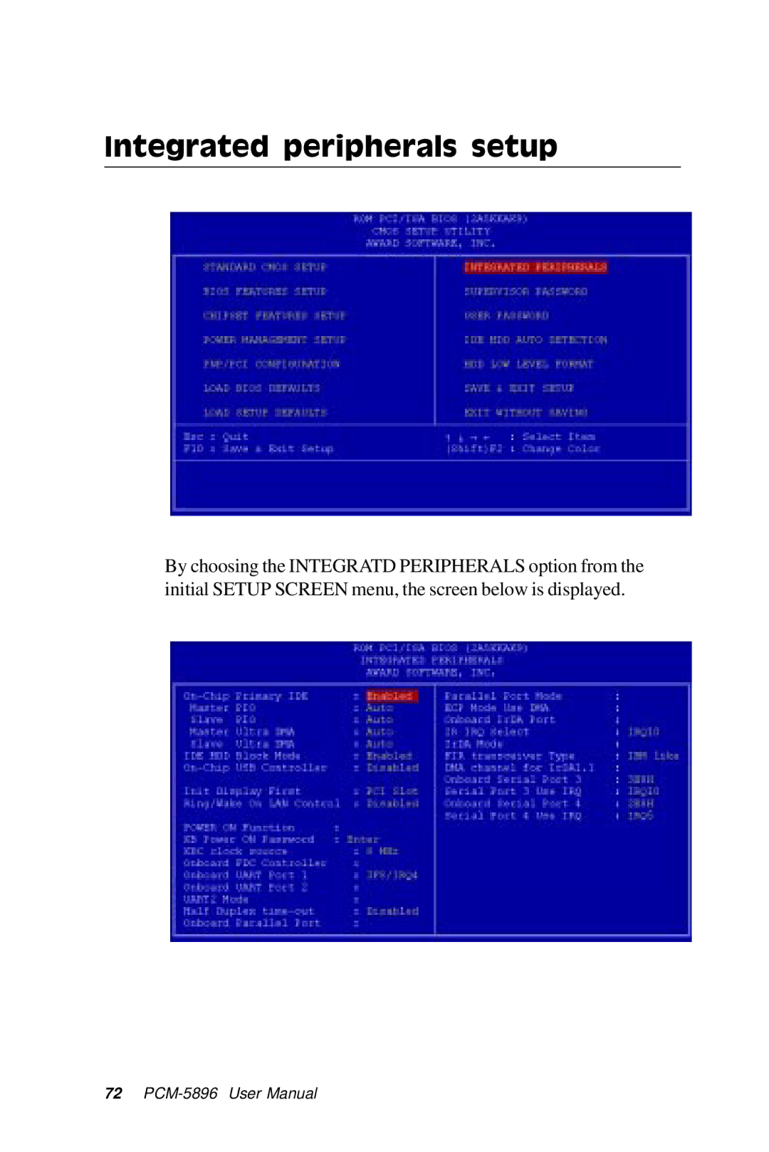 IBM PCM-5896 manual Integrated peripherals setup 