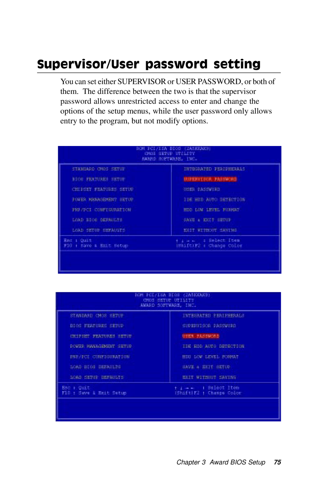 IBM PCM-5896 manual Supervisor/User password setting 