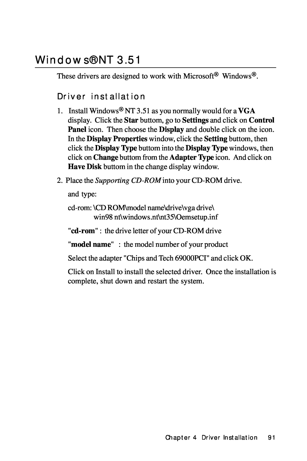 IBM All-in-One FC/Socket 370 Celeron, PCM-6890B manual Windows NT, Driver installation 