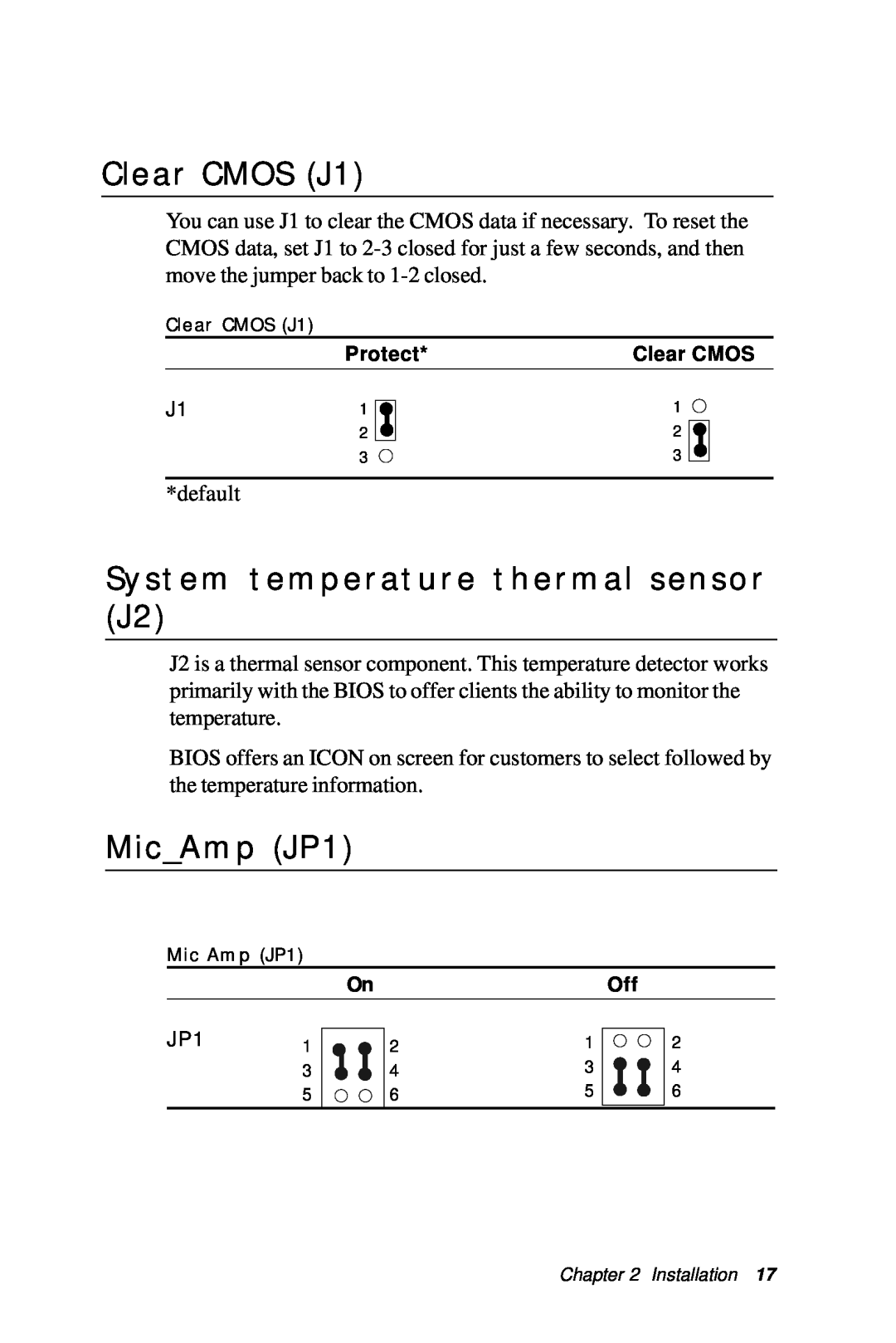 IBM All-in-One FC/Socket 370 Celeron, PCM-6890B manual Clear CMOS J1, System temperature thermal sensor J2, MicAmp JP1 