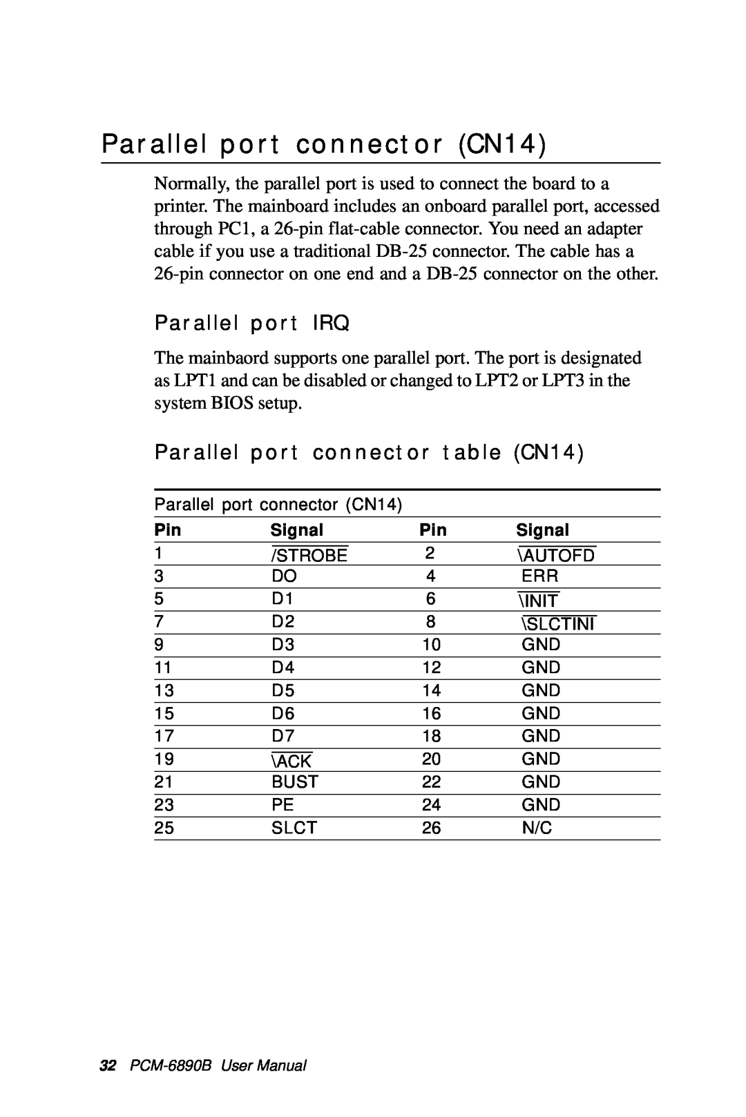 IBM PCM-6890B manual Parallel port connector CN14, Parallel port IRQ, Parallel port connector table CN14 