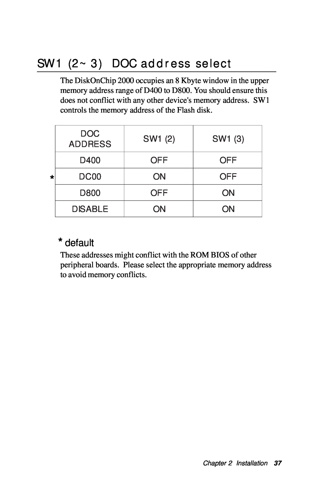 IBM All-in-One FC/Socket 370 Celeron, PCM-6890B manual SW1 2~3 DOC address select, default 