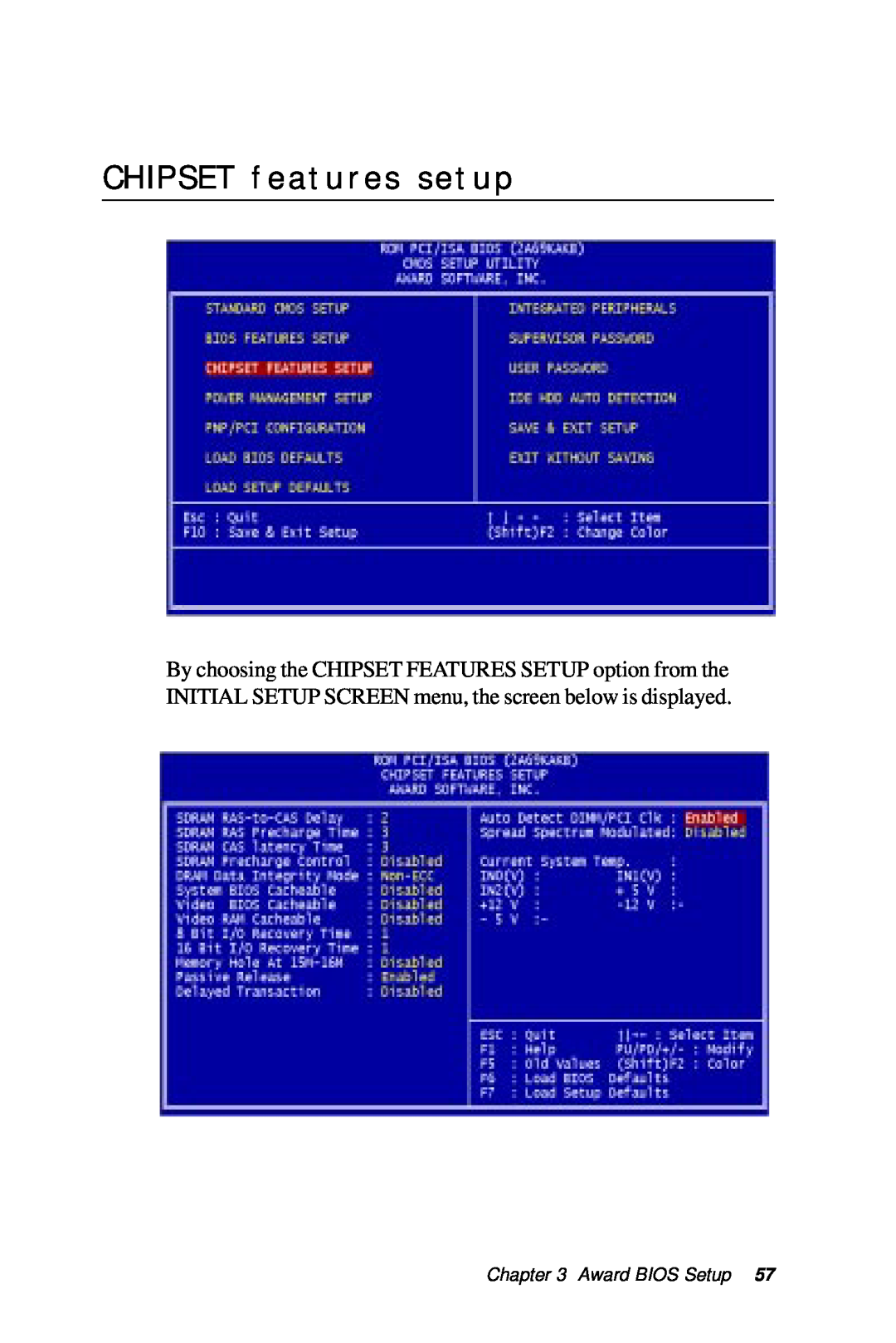 IBM All-in-One FC/Socket 370 Celeron, PCM-6890B manual CHIPSET features setup, Award BIOS Setup 