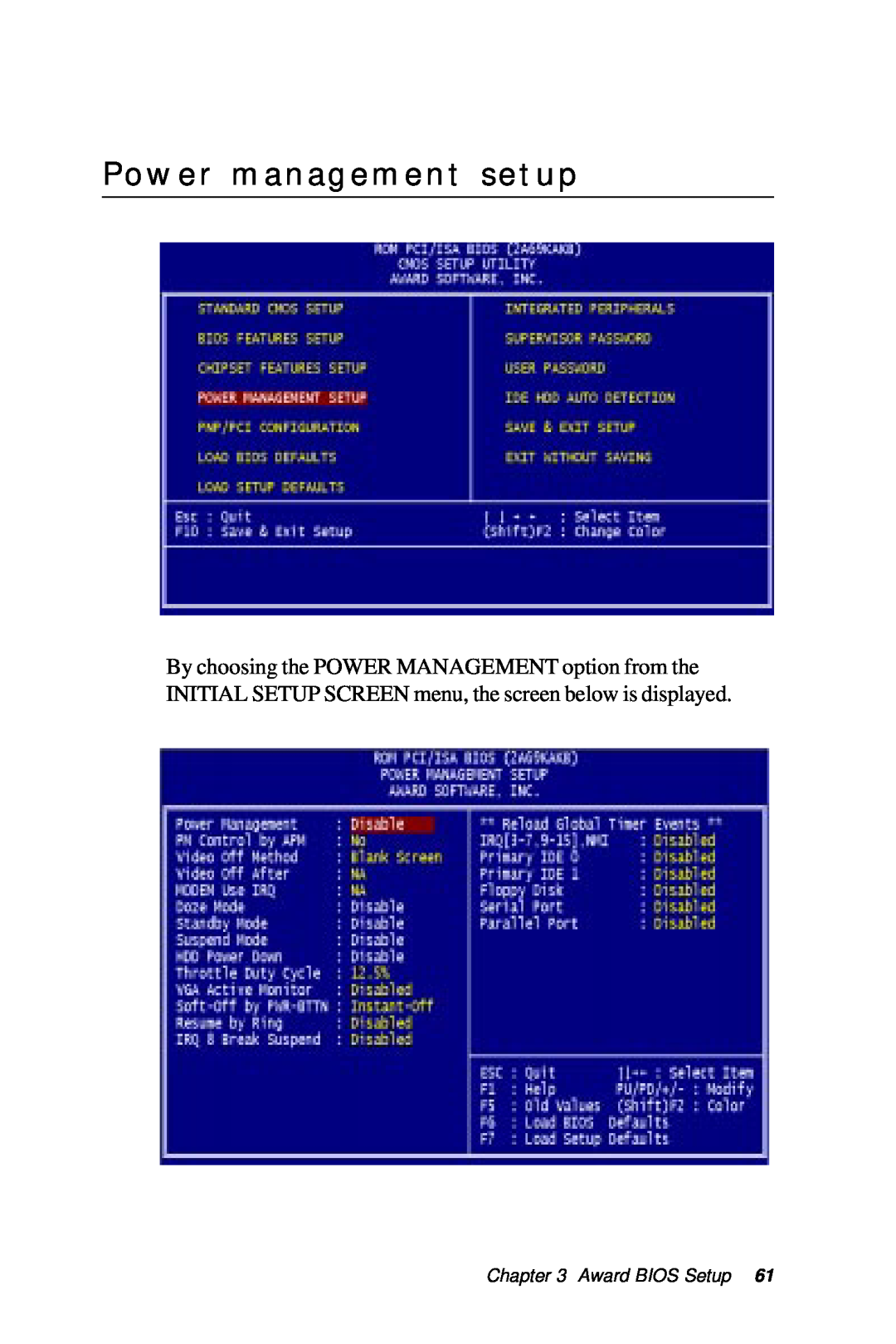 IBM All-in-One FC/Socket 370 Celeron, PCM-6890B manual Power management setup, Award BIOS Setup 