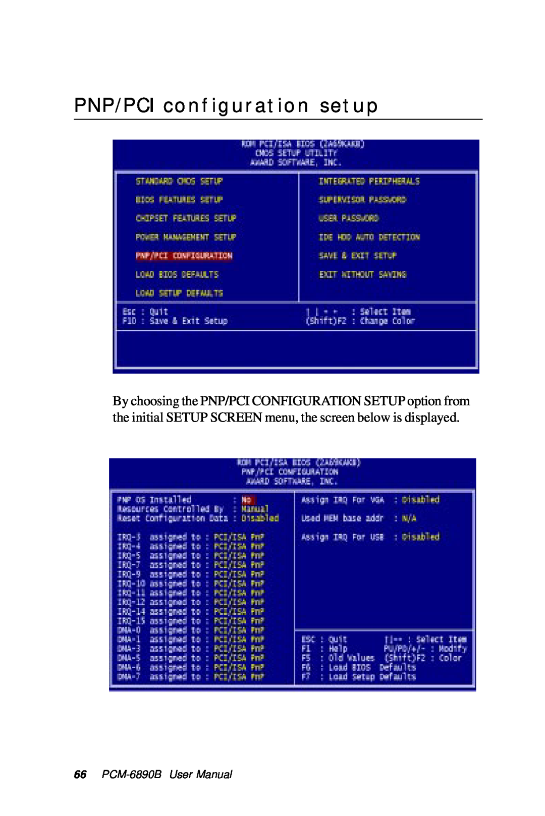 IBM All-in-One FC/Socket 370 Celeron manual PNP/PCI configuration setup, PCM-6890B User Manual 