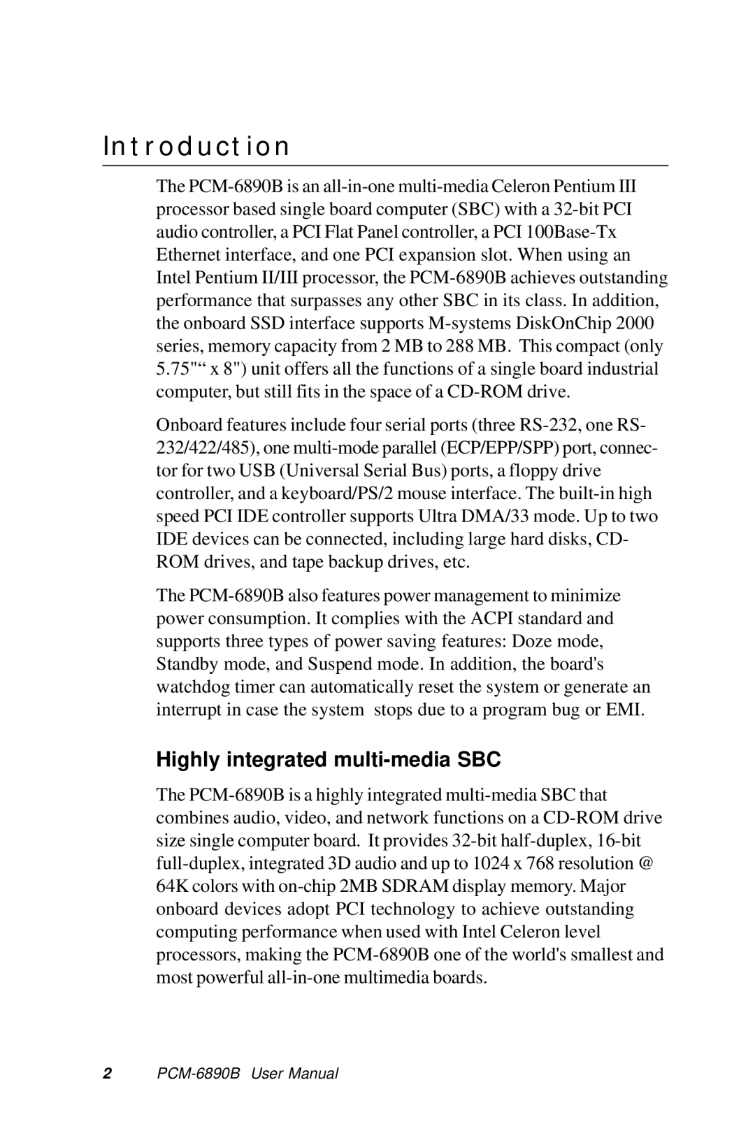 IBM PCM-6890B, All-in-One FC/Socket 370 Celeron manual Introduction, Highly integrated multi-media SBC 