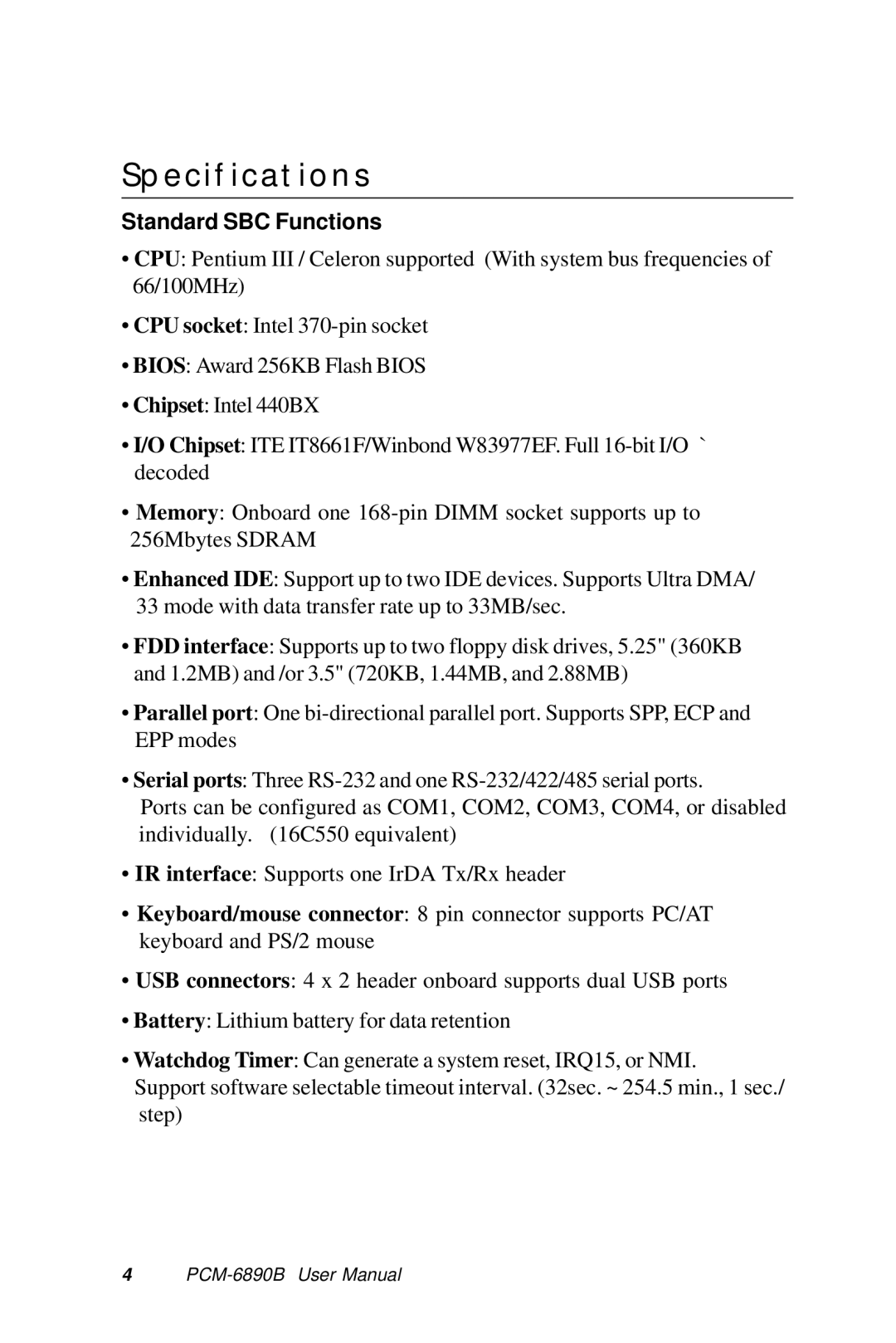 IBM PCM-6890B, All-in-One FC/Socket 370 Celeron manual Specifications, Standard SBC Functions 