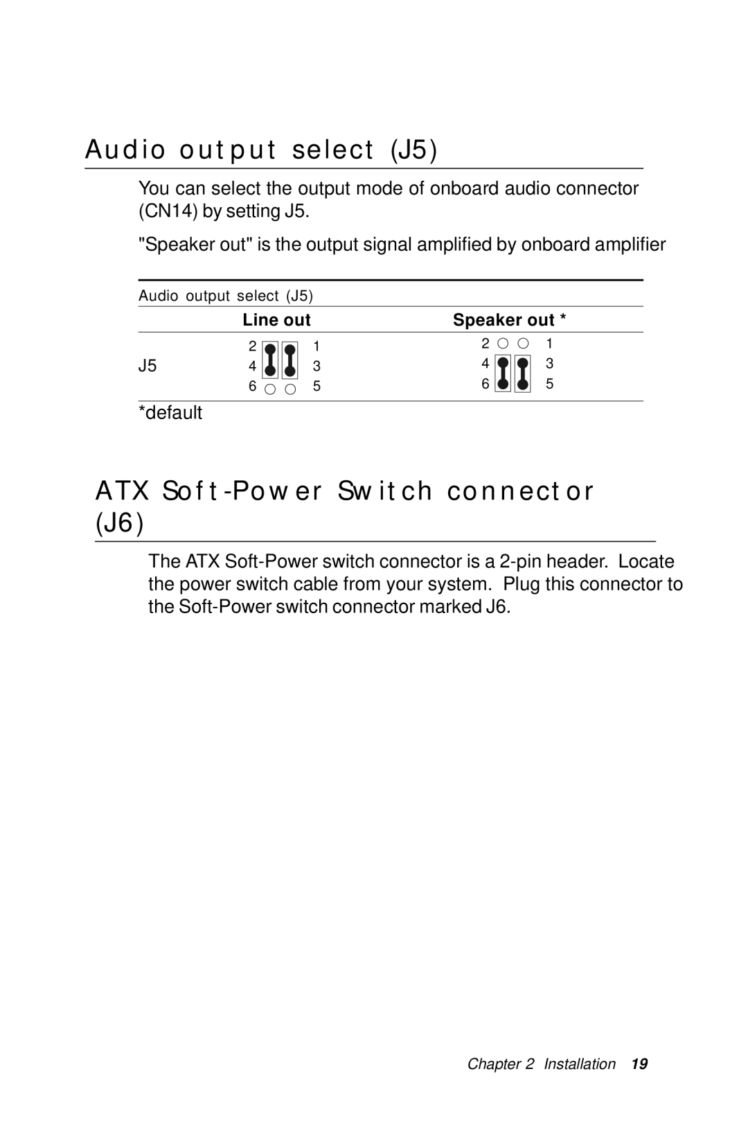 IBM All-in-One FC/Socket 370 Celeron, PCM-6890B manual Audio output select J5, ATX Soft-Power Switch connector J6 