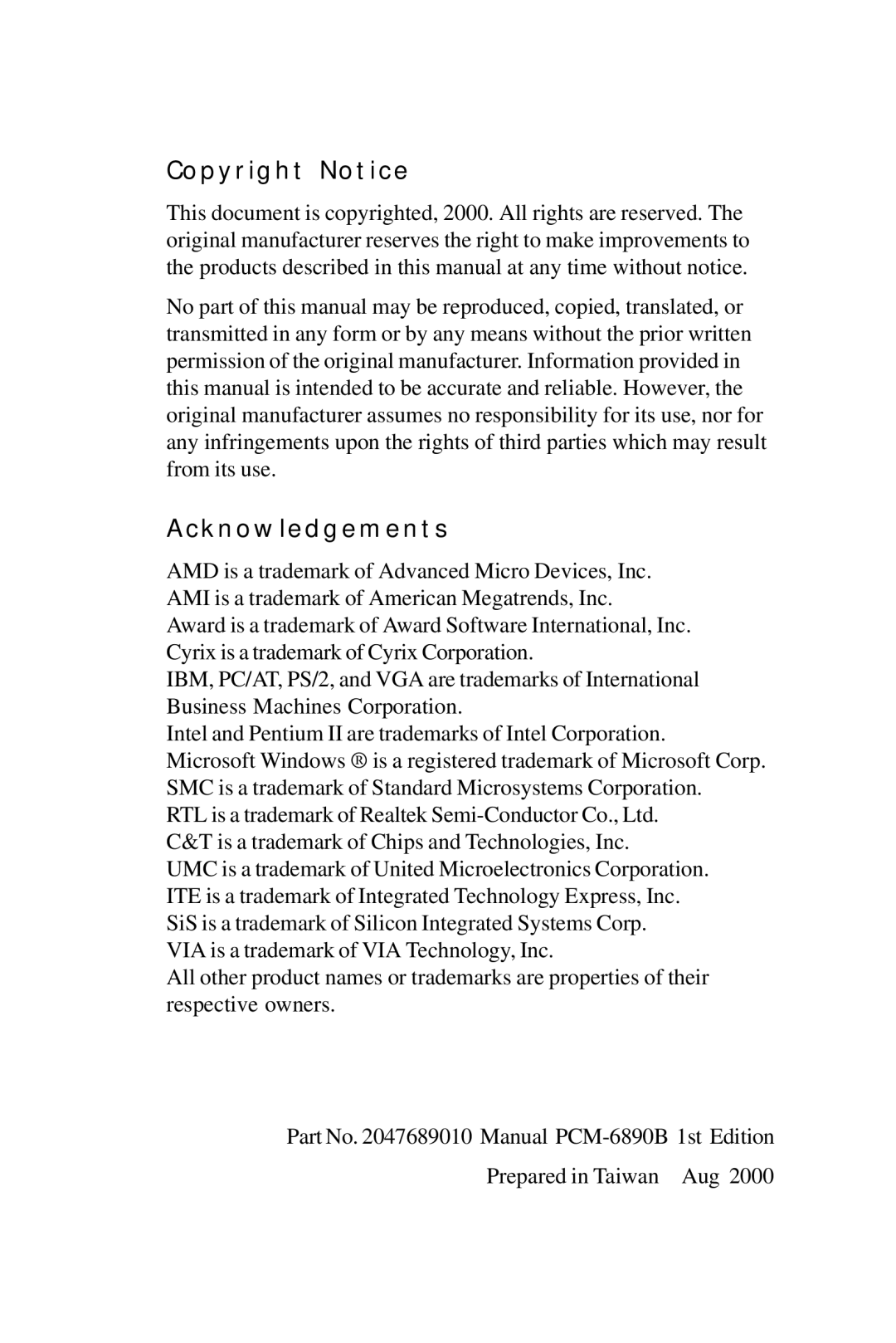 IBM All-in-One FC/Socket 370 Celeron, PCM-6890B manual Copyright Notice, Acknowledgements 