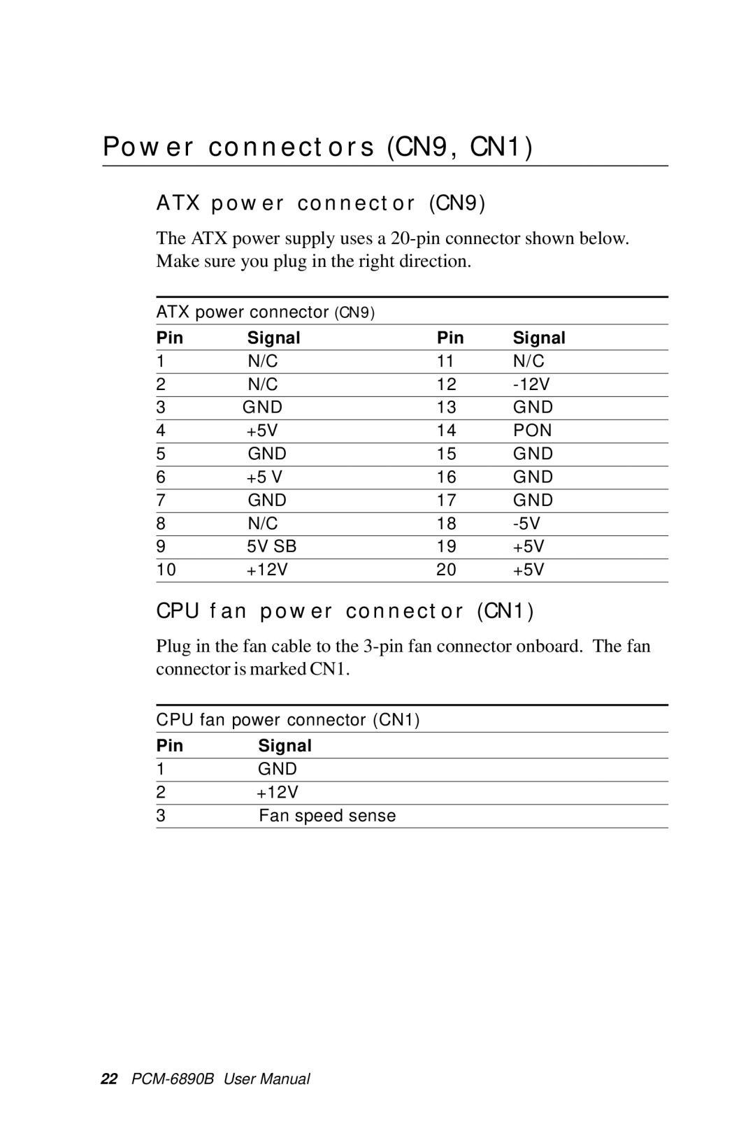 IBM PCM-6890B manual Power connectors CN9, CN1, ATX power connector CN9, CPU fan power connector CN1 