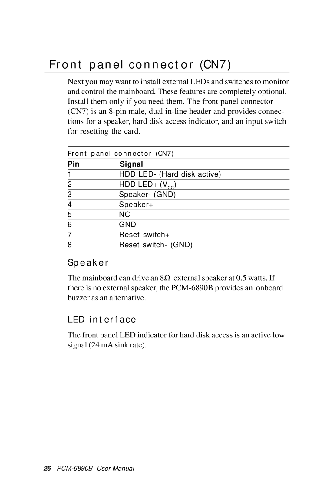 IBM PCM-6890B, All-in-One FC/Socket 370 Celeron manual Front panel connector CN7, Speaker, LED interface 