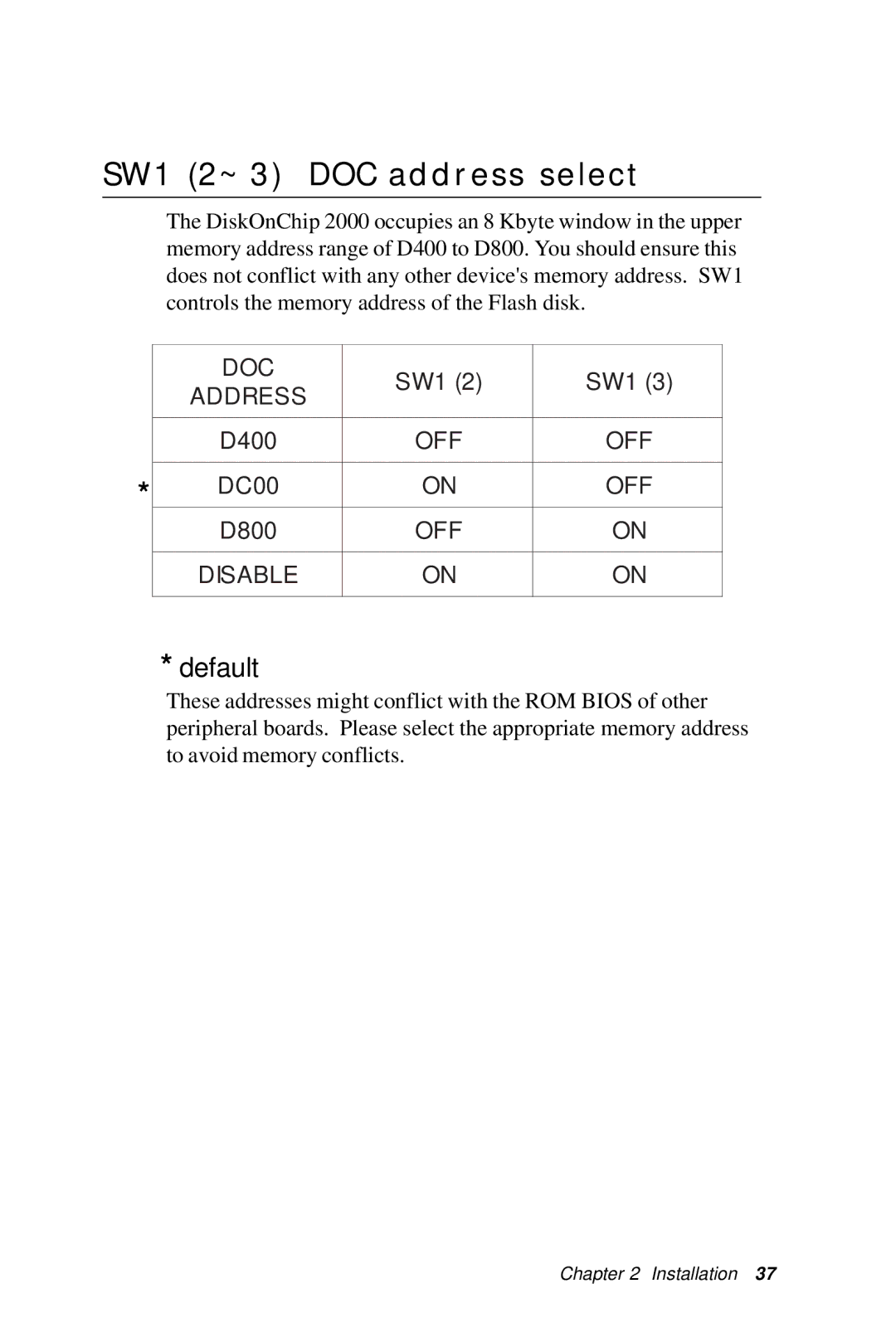 IBM All-in-One FC/Socket 370 Celeron, PCM-6890B manual SW1 2~3 DOC address select, Default 