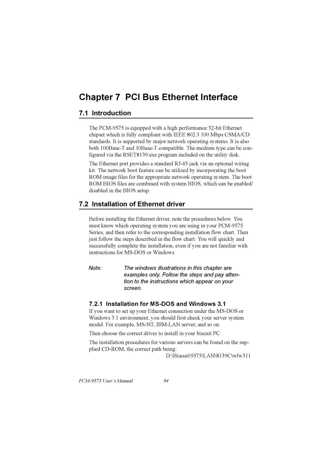 IBM PCM-9575, 100/10 user manual Installation of Ethernet driver, Installation for MS-DOS and Windows 