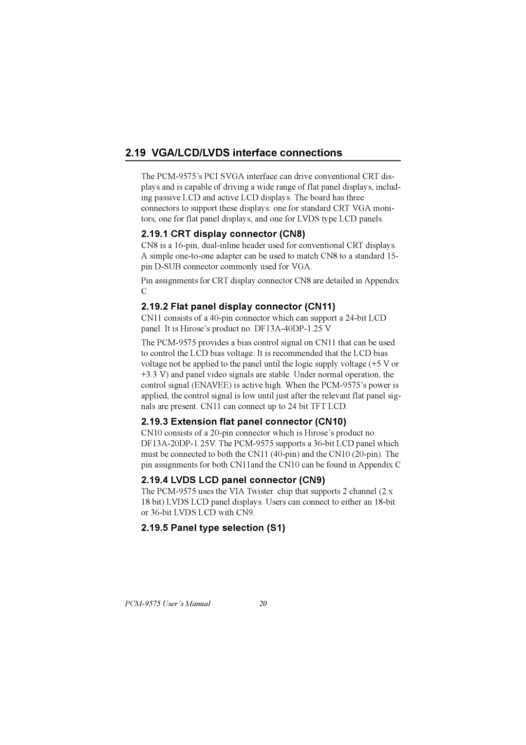 IBM PCM-9575, 100/10 user manual 19 VGA/LCD/LVDS interface connections 