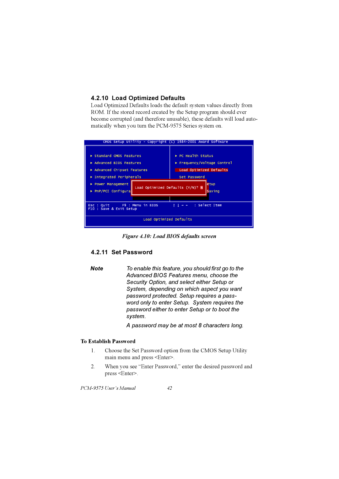 IBM PCM-9575, 100/10 user manual Load Optimized Defaults, Set Password 