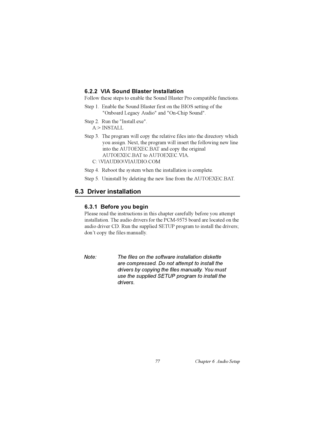 IBM 100/10, PCM-9575 user manual Driver installation, VIA Sound Blaster Installation, Before you begin 