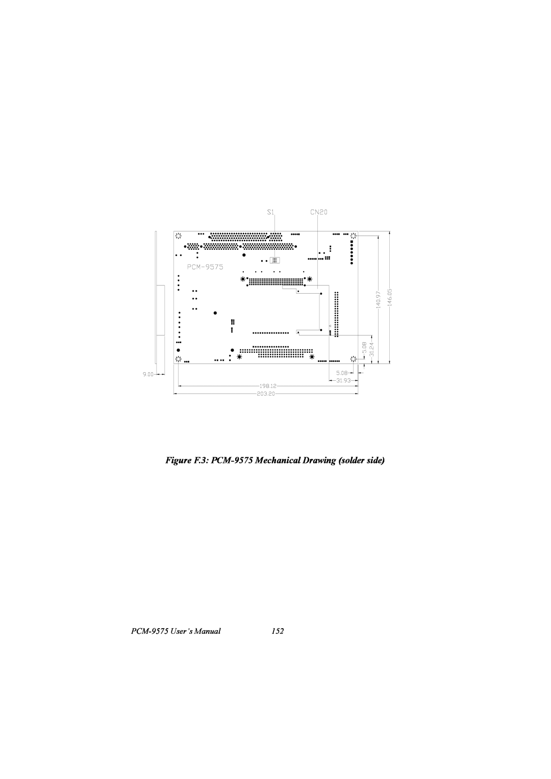 IBM 100/10 user manual Figure F.3 PCM-9575 Mechanical Drawing solder side, PCM-9575 User’s Manual 