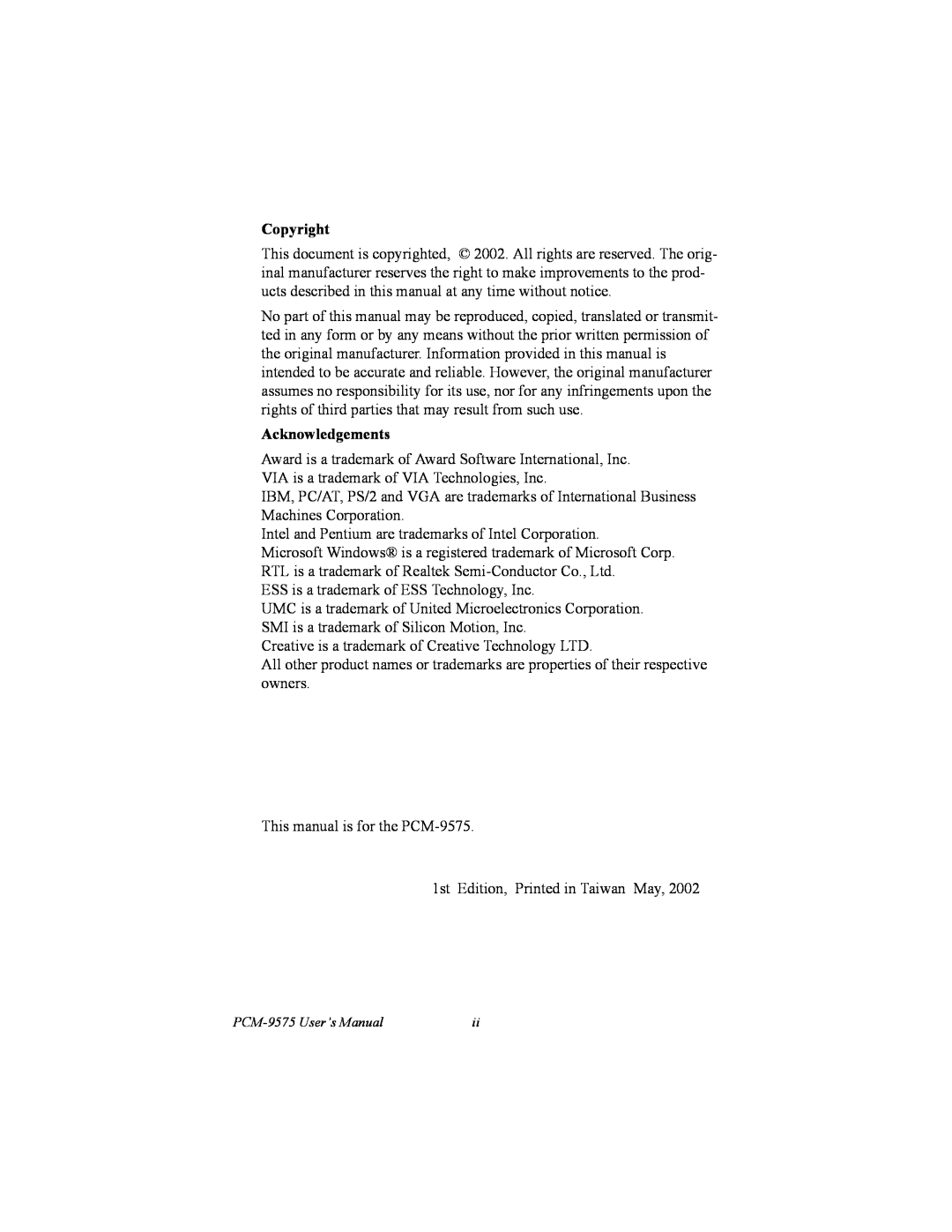 IBM PCM-9575, 100/10 user manual Copyright, Acknowledgements 