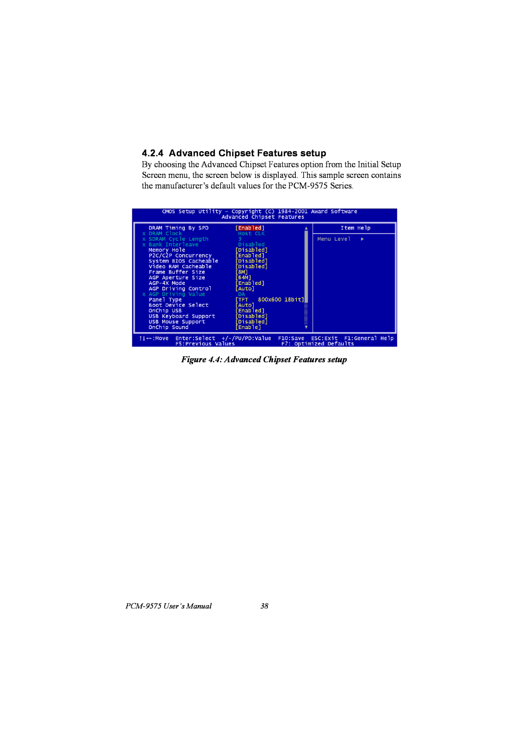 IBM 100/10 user manual 4 Advanced Chipset Features setup, PCM-9575 User’s Manual 