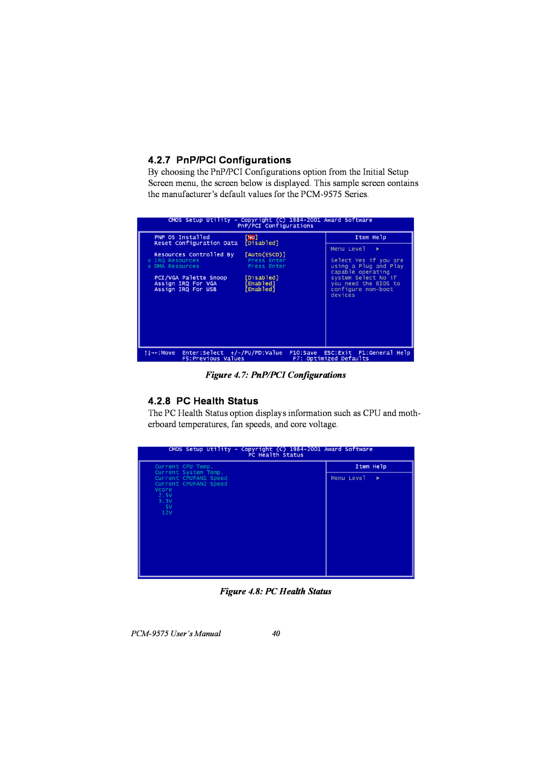 IBM PCM-9575, 100/10 user manual 4.2.7 PnP/PCI Configurations, 8 PC Health Status 