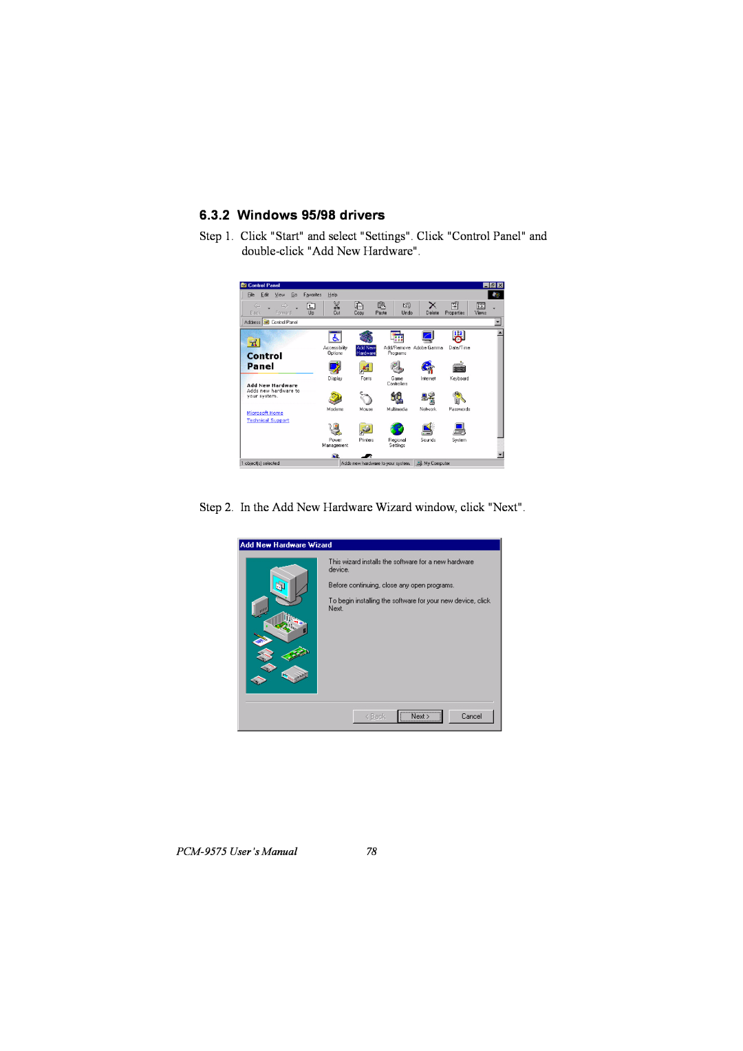 IBM 100/10 user manual Windows 95/98 drivers, In the Add New Hardware Wizard window, click Next, PCM-9575 User’s Manual 