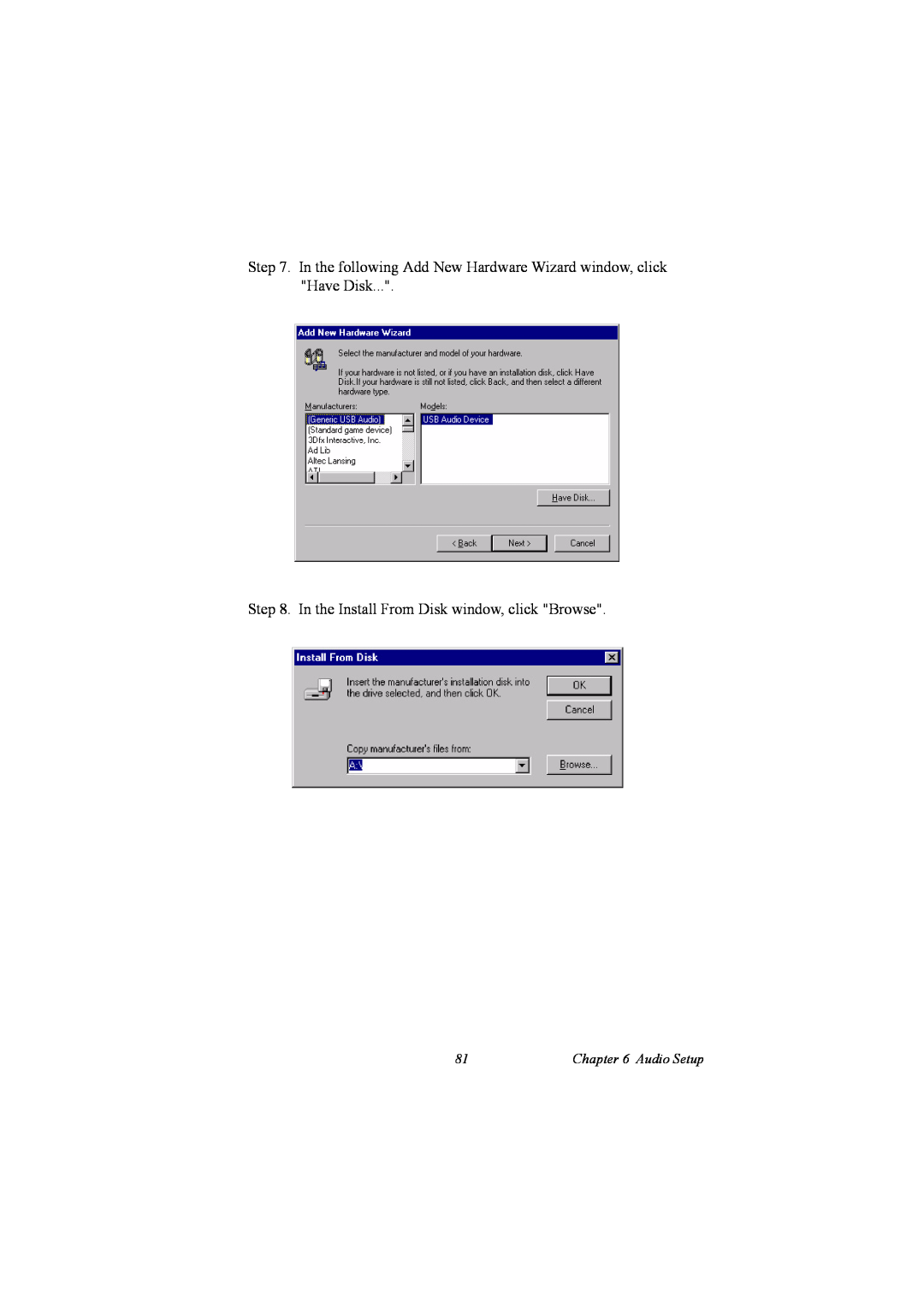 IBM 100/10, PCM-9575 user manual In the Install From Disk window, click Browse, Audio Setup 