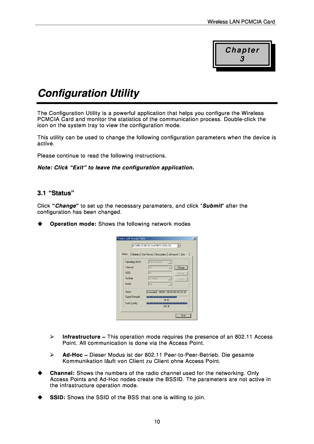 IBM PCMCIA Card user manual Configuration Utility, 3.1 “Status”, C h a p t e r 