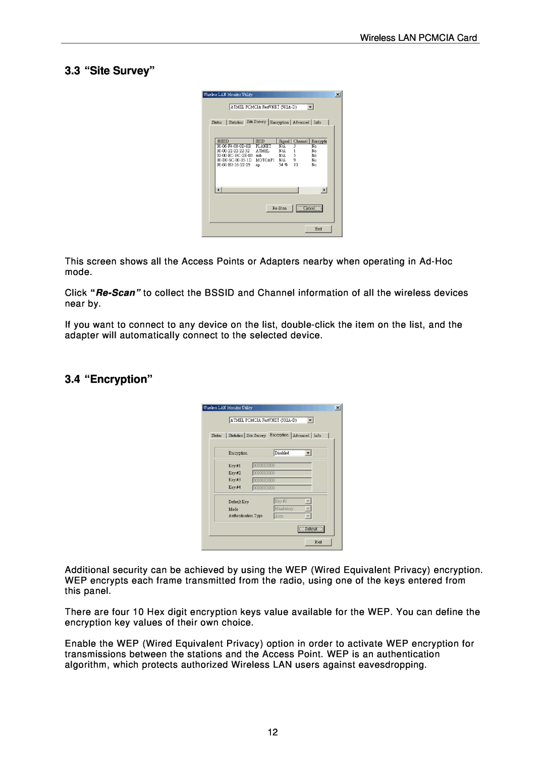 IBM PCMCIA Card user manual 3.3 “Site Survey”, 3.4 “Encryption” 