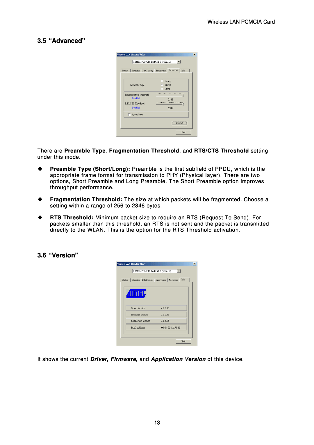 IBM PCMCIA Card user manual 3.5 “Advanced”, 3.6 “Version” 