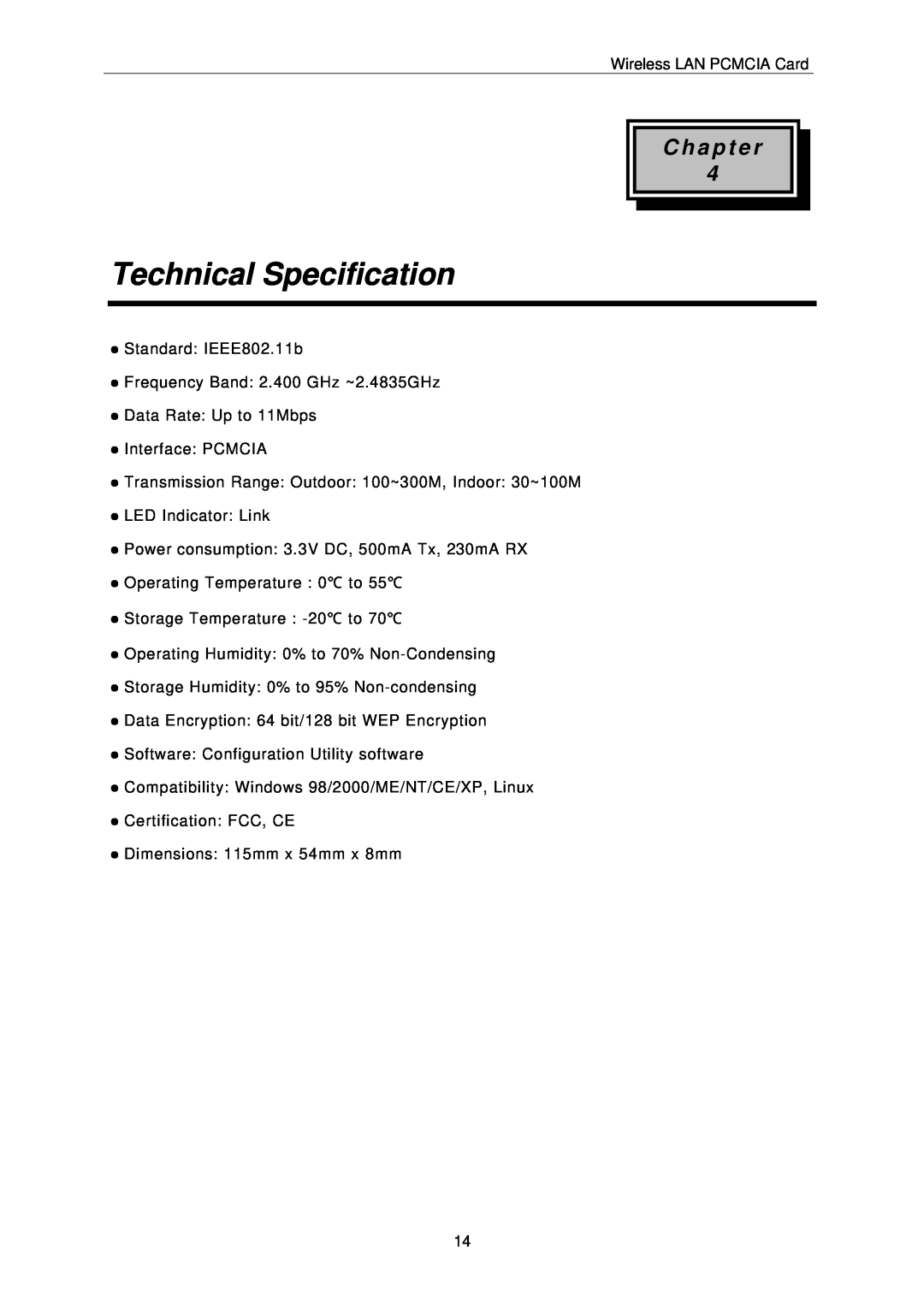 IBM PCMCIA Card user manual Technical Specification, C h a p t e r 