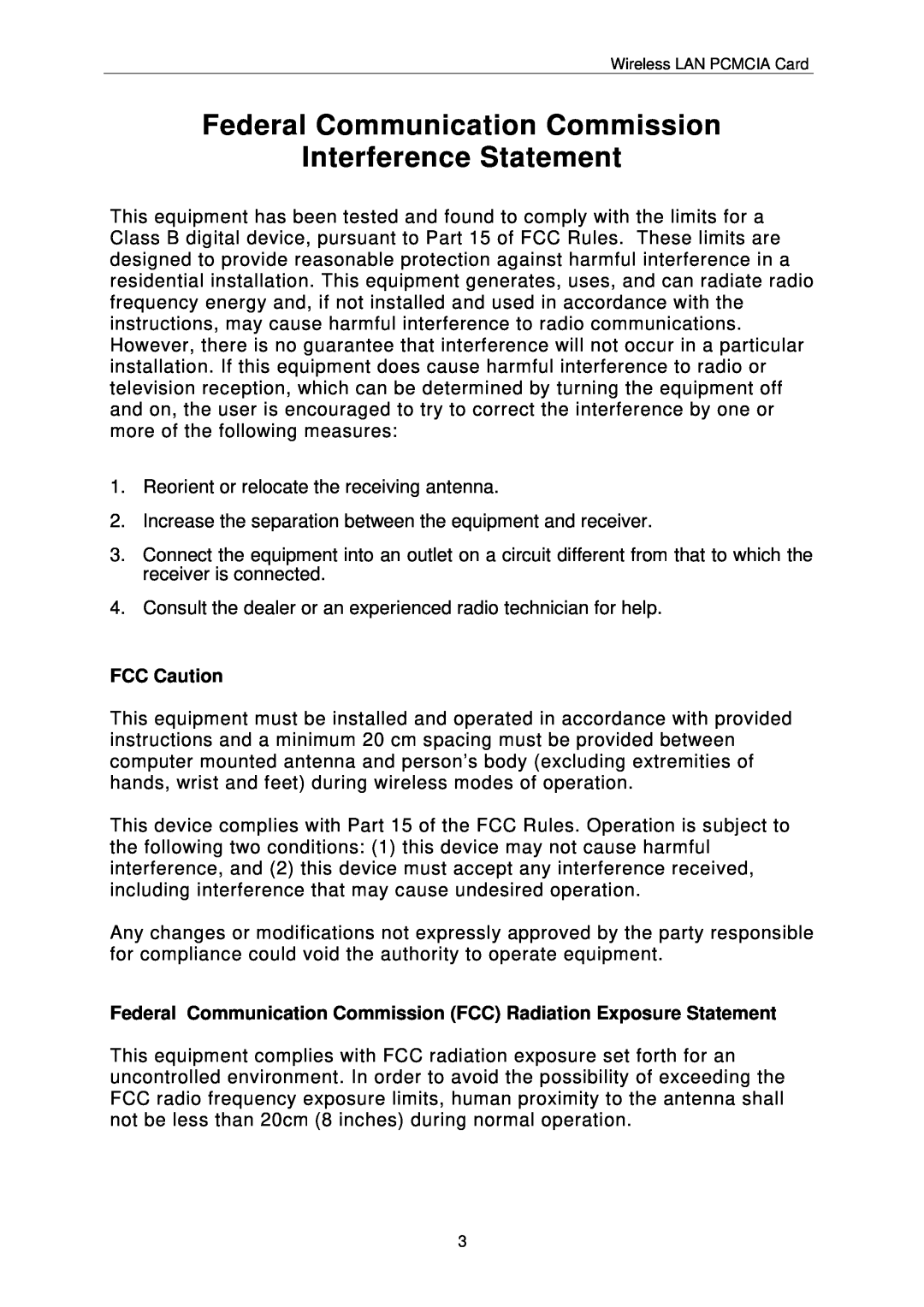 IBM PCMCIA Card user manual Federal Communication Commission Interference Statement, FCC Caution 