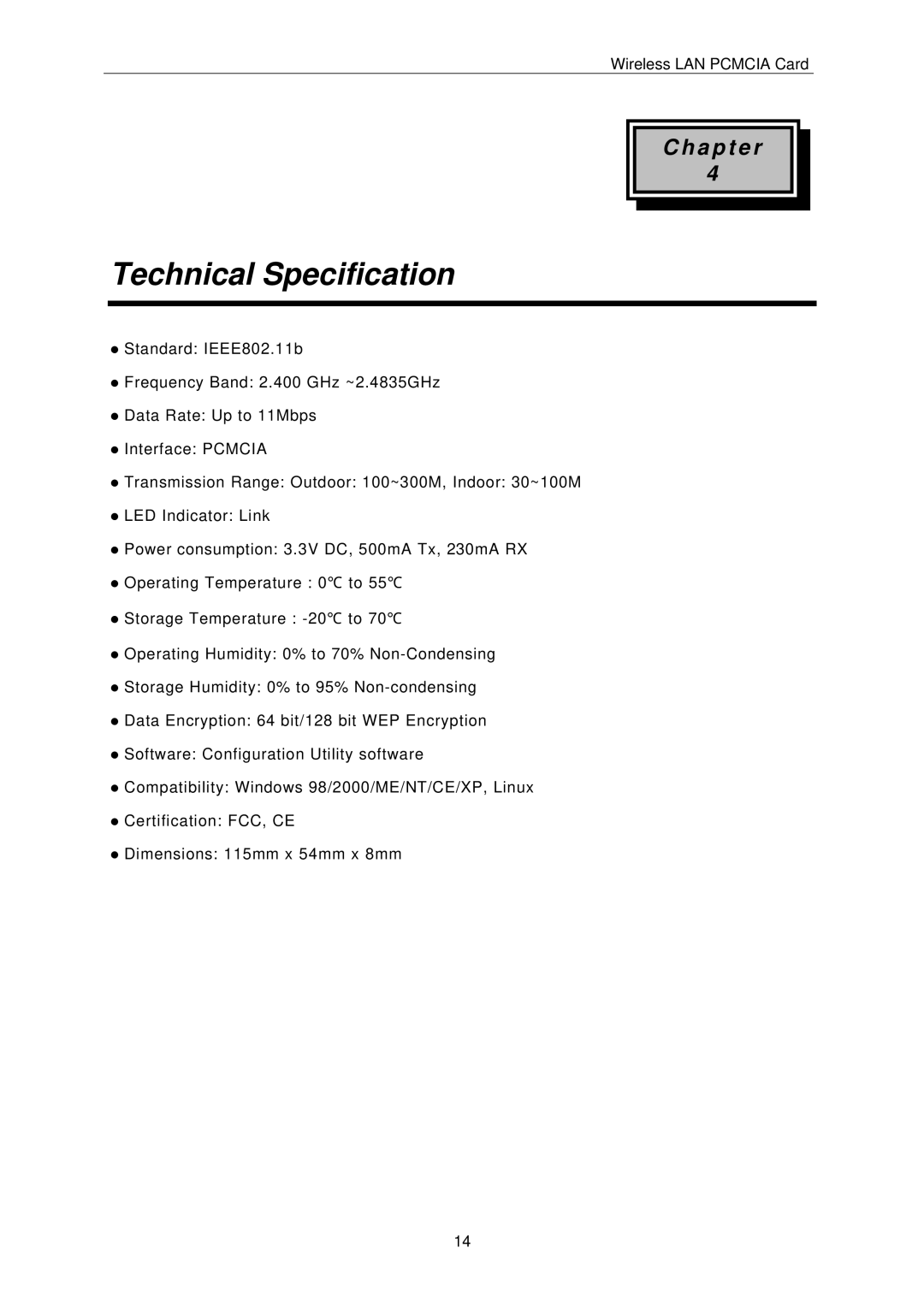 IBM PCMCIA Card user manual Technical Specification 