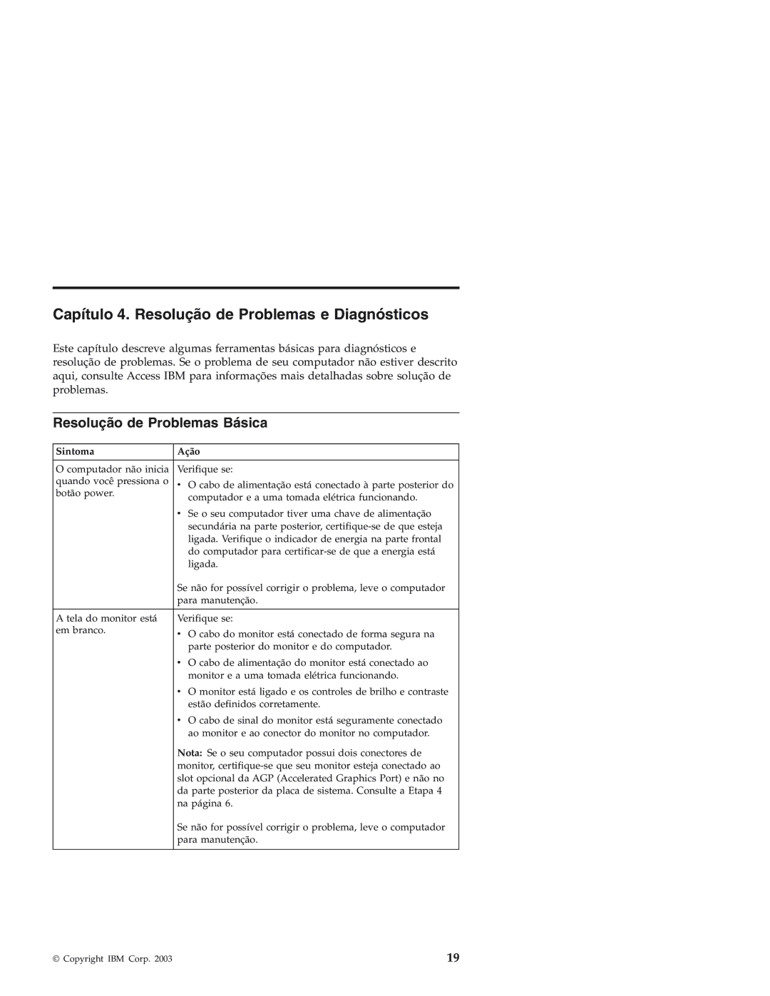 IBM Personal Computer manual Capítulo 4. Resolução de Problemas e Diagnósticos, Resolução de Problemas Básica, Sintoma Ação 